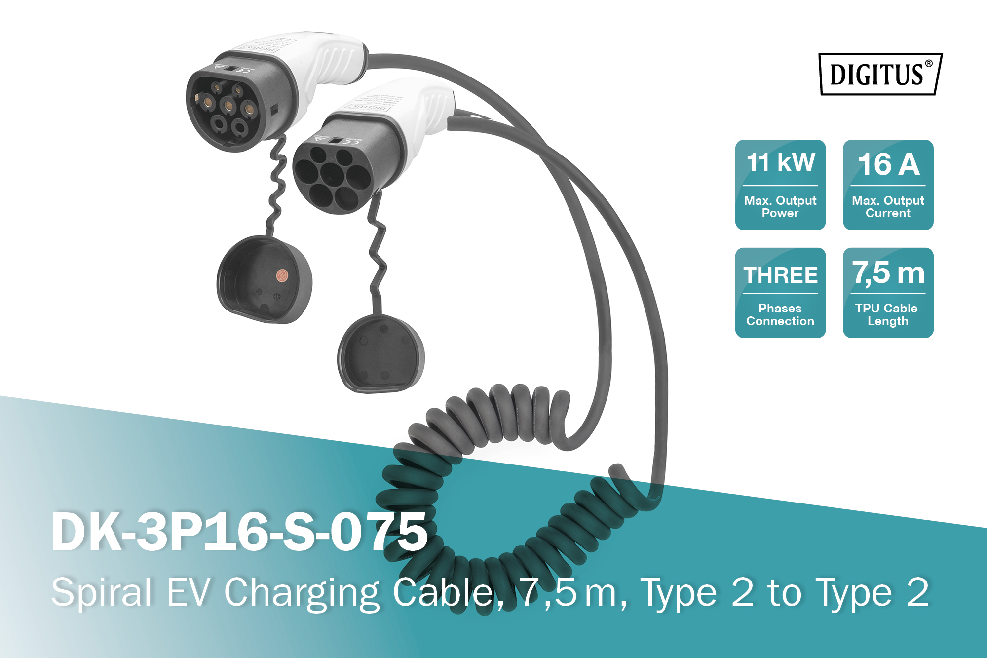 Cable carga VE espiral vehículos eléctricos, de 11 kw,16A trifásico tipo 2.  Cable de 5 m color verde.