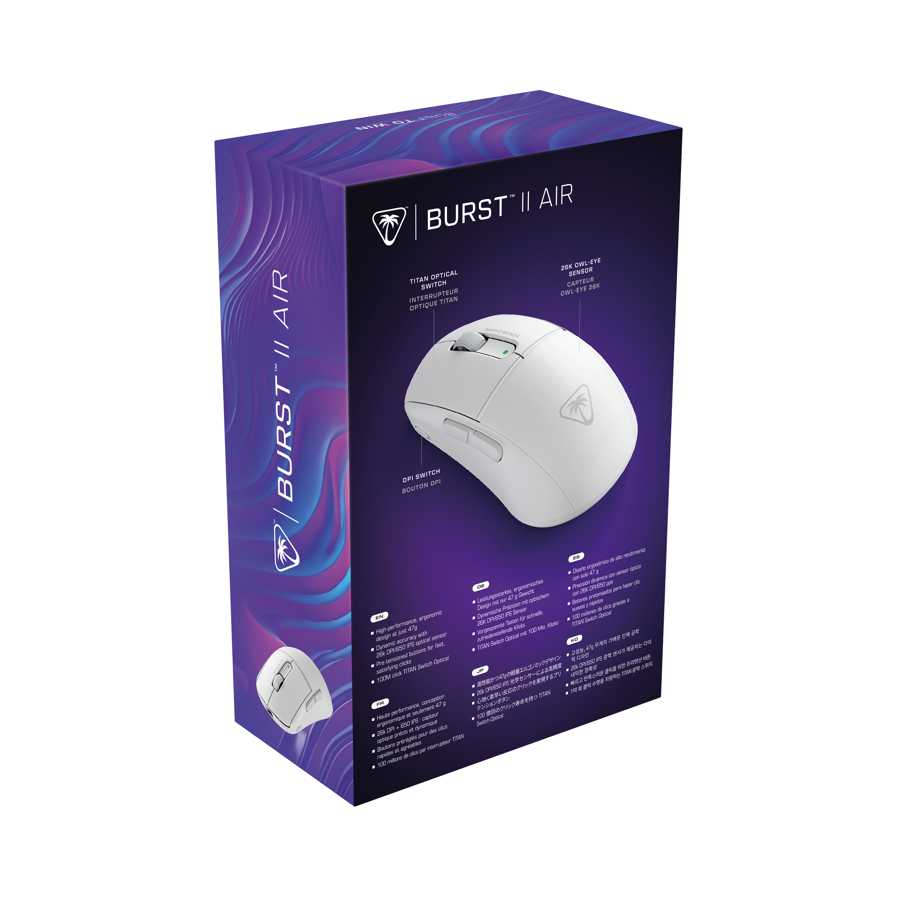 Turtle Beach Burst II Air - Souris gaming sans fil 2,4 GHz : ultralgre avec 47 g, touches optiques, symtrique, capteur optique 26 000 PPP, Bluetooth, autonomie 120 heures, cble USB-C Blanc