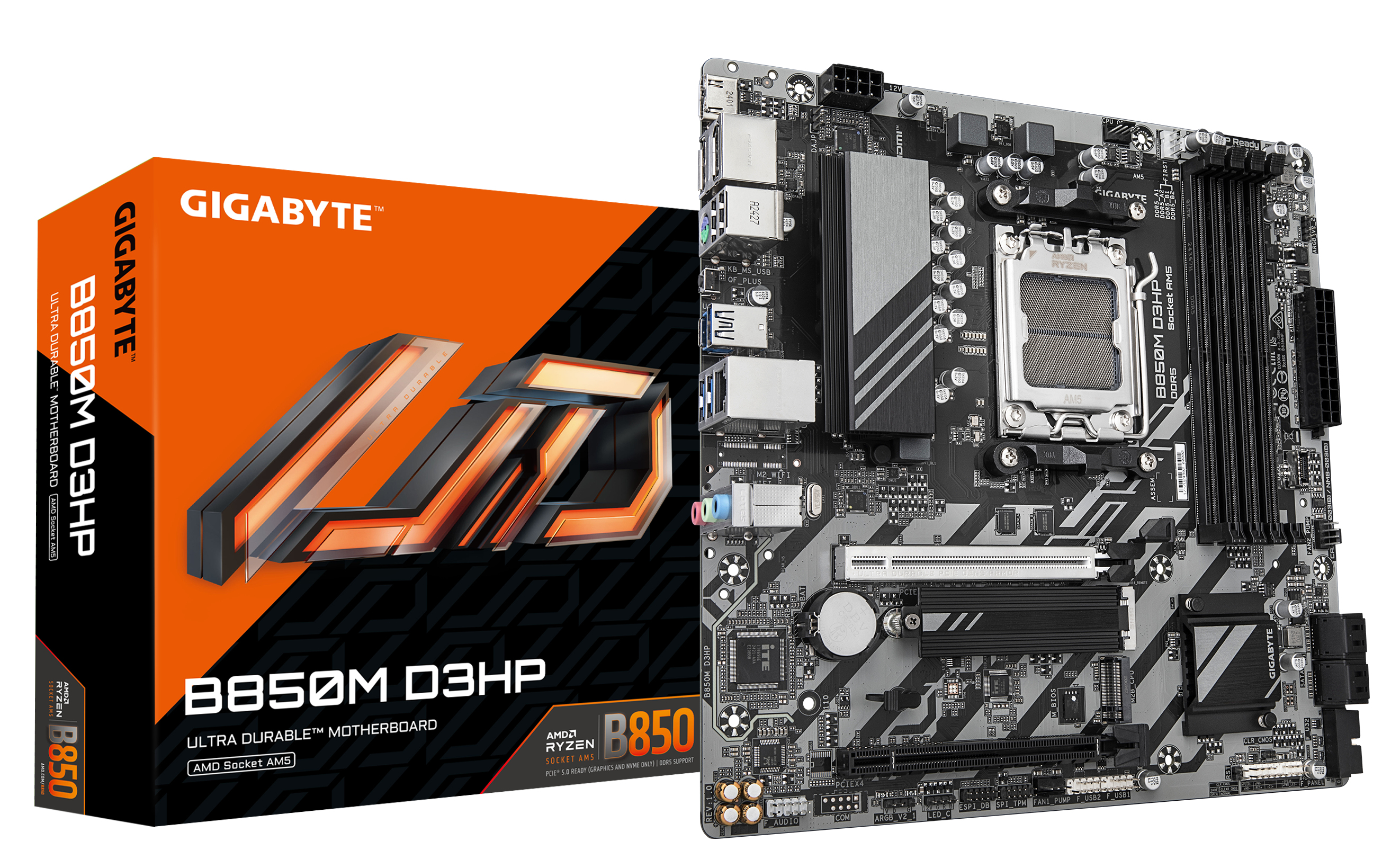 GIGABYTE B850M D3HP Scheda Madre - Processori AMD Ryzen Serie 9000, 5+2+2 fasi VRM digitali, fino a 8200MHz DDR5 (OC), 1xPCIe 5.0 + 1xPCIe 4.0 M.2, LAN GbE, USB 3.2 Gen 2