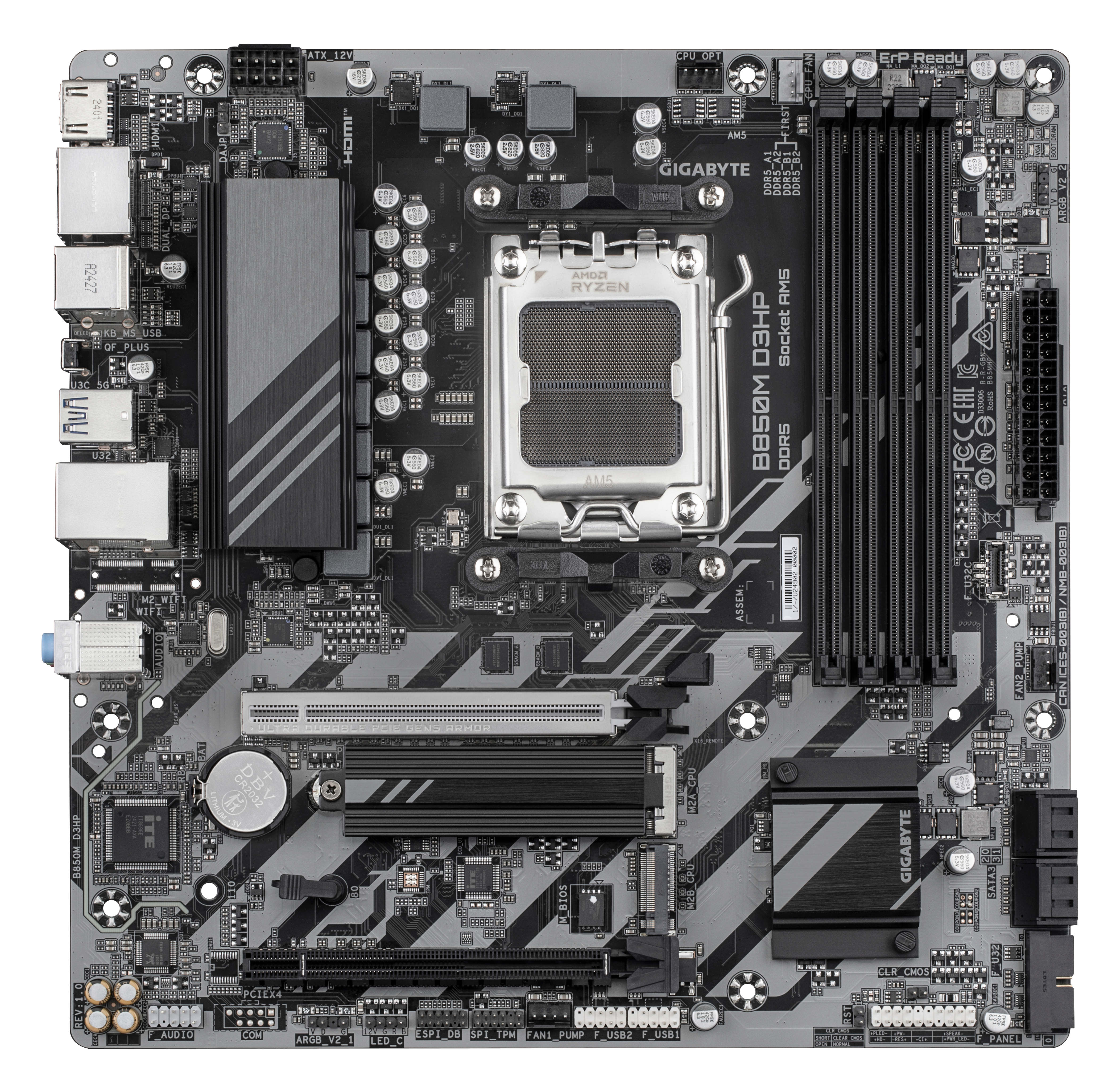 GIGABYTE B850M D3HP Placa Base - Procesadores AMD Ryzen Serie 9000, 5+2+2 fases VRM digitales, hasta 8200MHz DDR5 (OC), 1xPCIe 5.0 + 1xPCIe 4.0 M.2, LAN GbE, USB 3.2 Gen 2