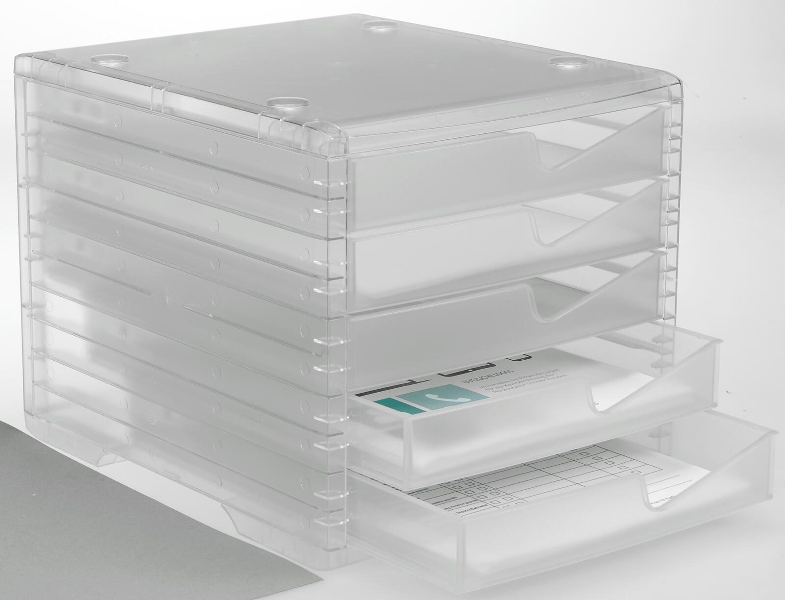 styro Schubladenbox swingbox light transparent DIN C4 mit 5 Schubladen