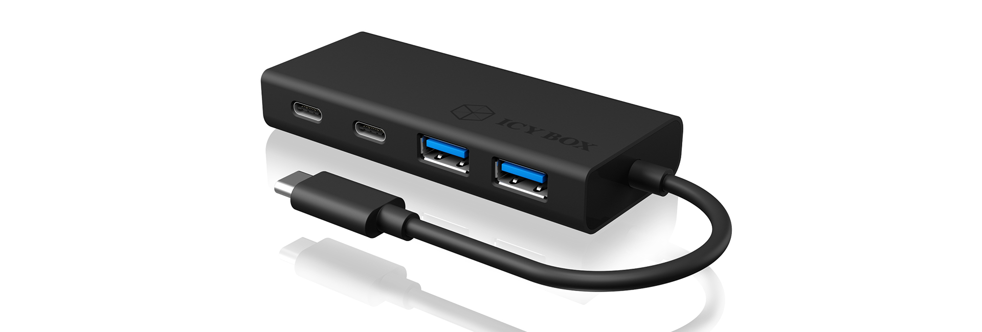Icy Box USB Hub with USB-C Connector and Power Delivery, USB 3.0,  Integrated Cable, Aluminium, PD 60 Watt, Black