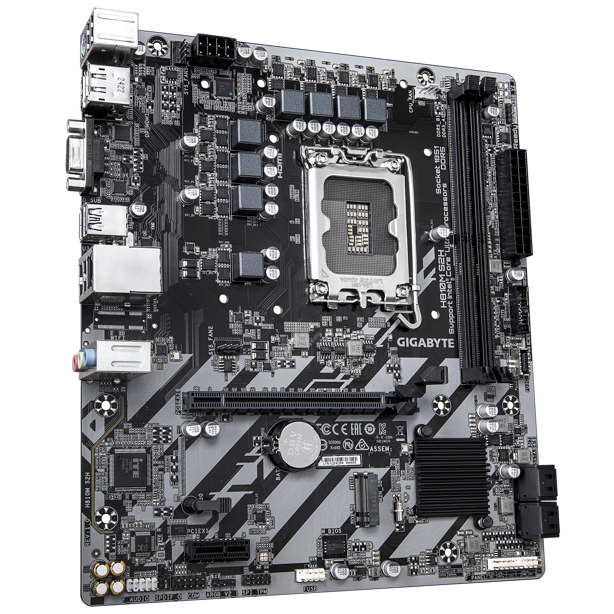 GIGABYTE H810M S2H Motherboard - Intel Core Ultra (Series 2) CPUs, 4+1+2 Phases VRM, up to 6400MHz DDR5, 1xPCIe 4.0 M.2, 1GbE LAN, USB 3.2 Gen 1