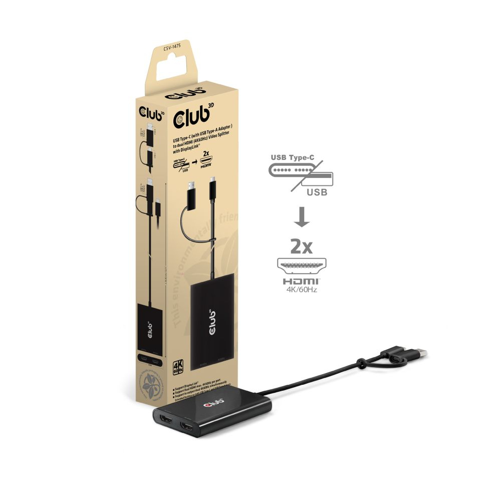 Club 3D Adapter USB-C USB A> 2x HDMI 4Ka60Hz St/Bu retail - Adapter - Digital/Daten