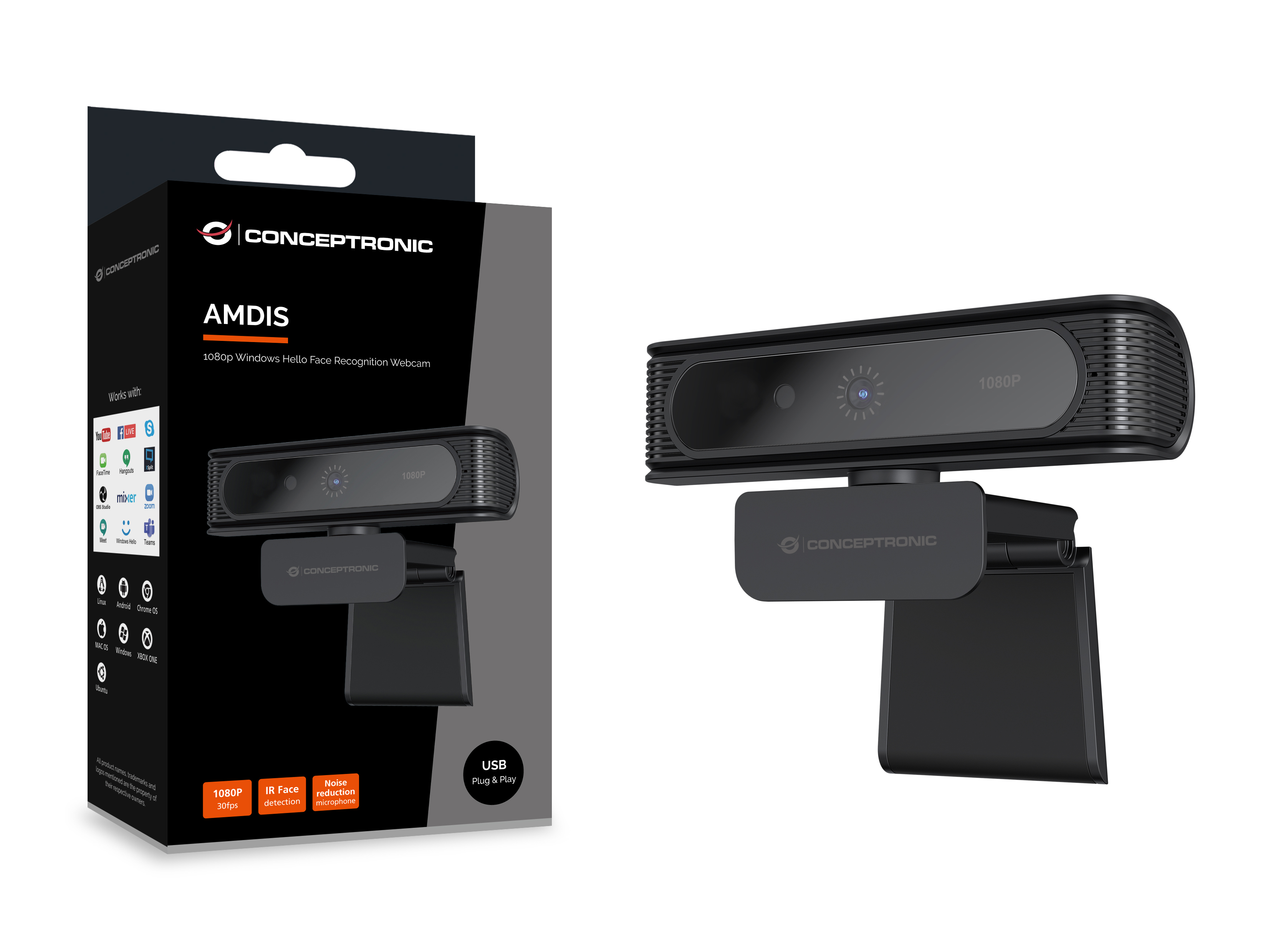 Conceptronic AMDIS09B 1080p Windows Hello Face Recognition Webcam