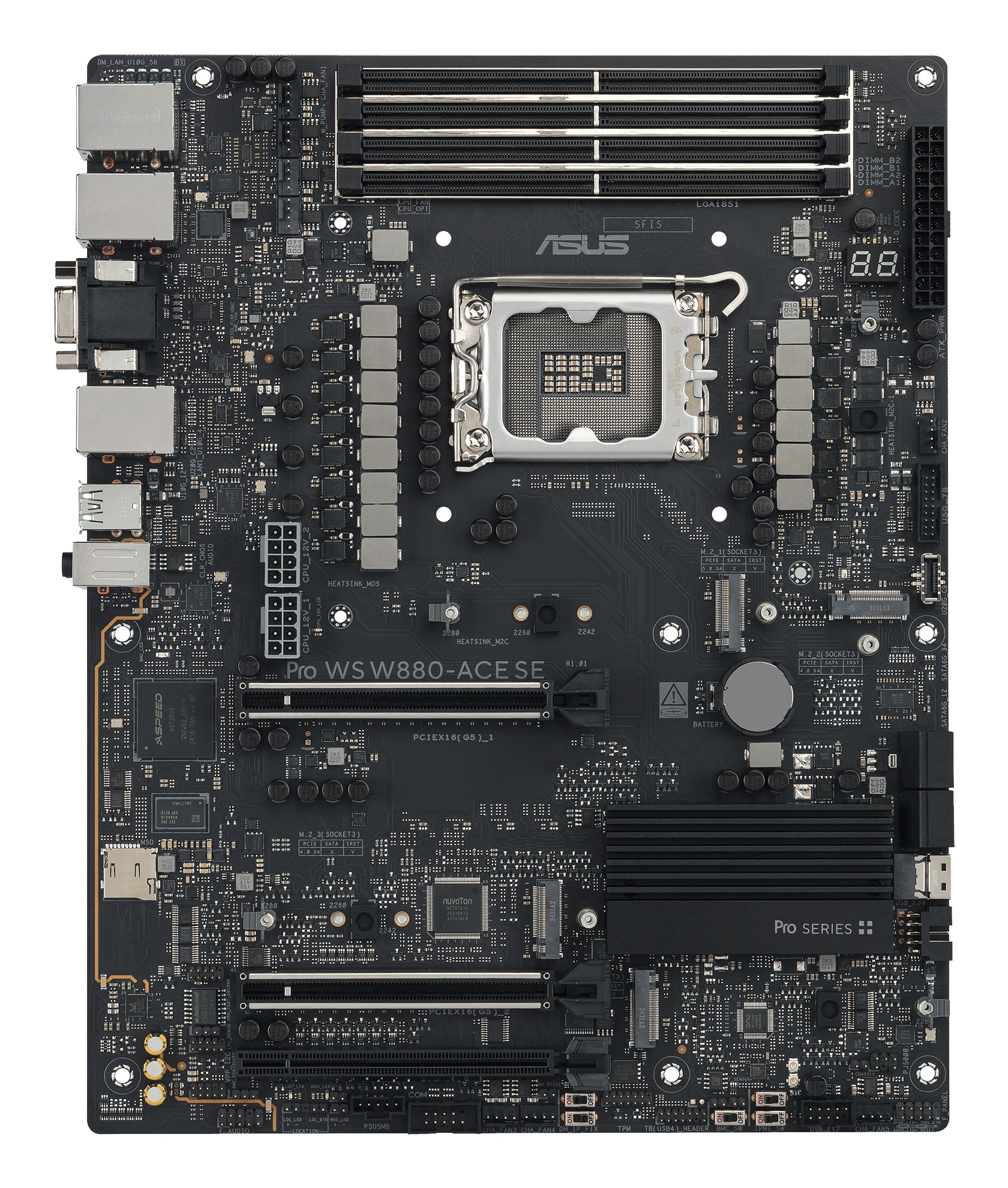 ASUS Pro WS W880-ACE SE - Motherboard - ATX - LGA1851-Sockel - W880 Chipsatz - USB4, USB 3.2 Gen 2x2, USB 3.2 Gen 2, USB 3.2 Gen 1 - 2 x 2.5 Gigabit LAN, Gigabit LAN - Onboard-Grafik - HD Audio (8-Kanal)