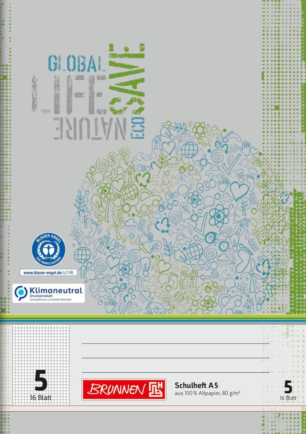 Brunnen Schulheft Recycling Lineatur 5 kariert ohne Rand