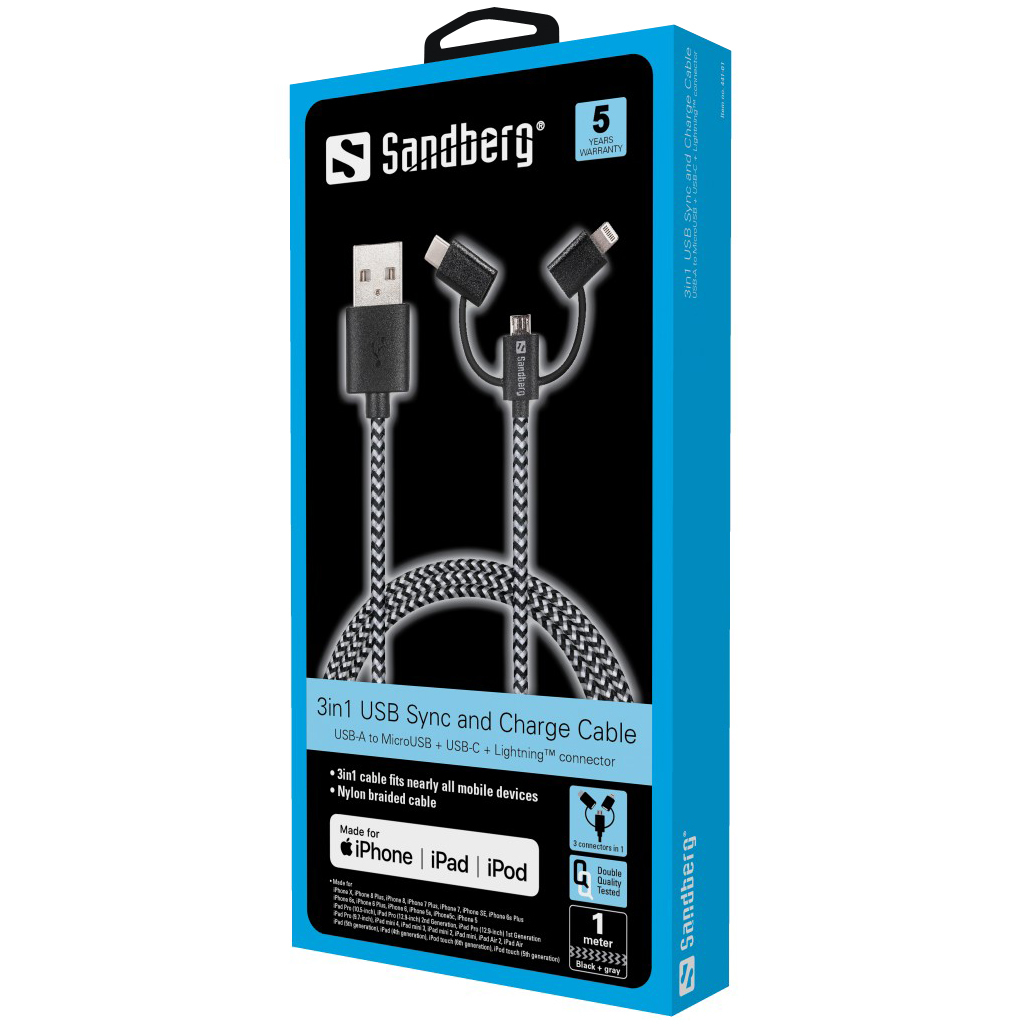 Sandberg 3in1 Lightning+MicroUSB+USB-C 1m