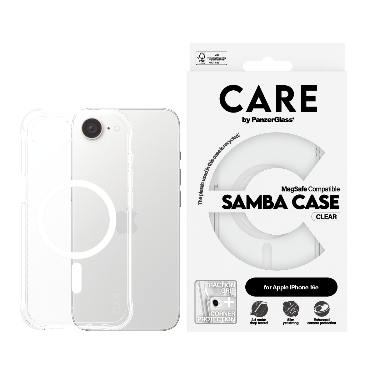 PanzerGlass CARE by � Fashionable Case Samba Transparent w. White Qi Compatible iPhone 16e