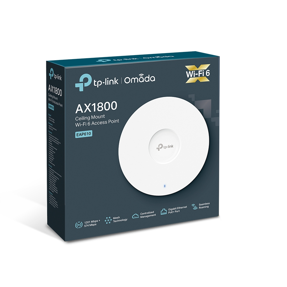 TP-LINK EAP610 V1 - 1201 Mbit/s - 574 Mbit/s - 1201 Mbit/s - 10,100,1000 Mbit/s - IEEE 802.11a - IEEE 802.11ac - IEEE 802.11ax - IEEE 802.11b - IEEE 802.11g - IEEE 802.11n - IEEE 802.3at - 10/100/1000Base-T(X)