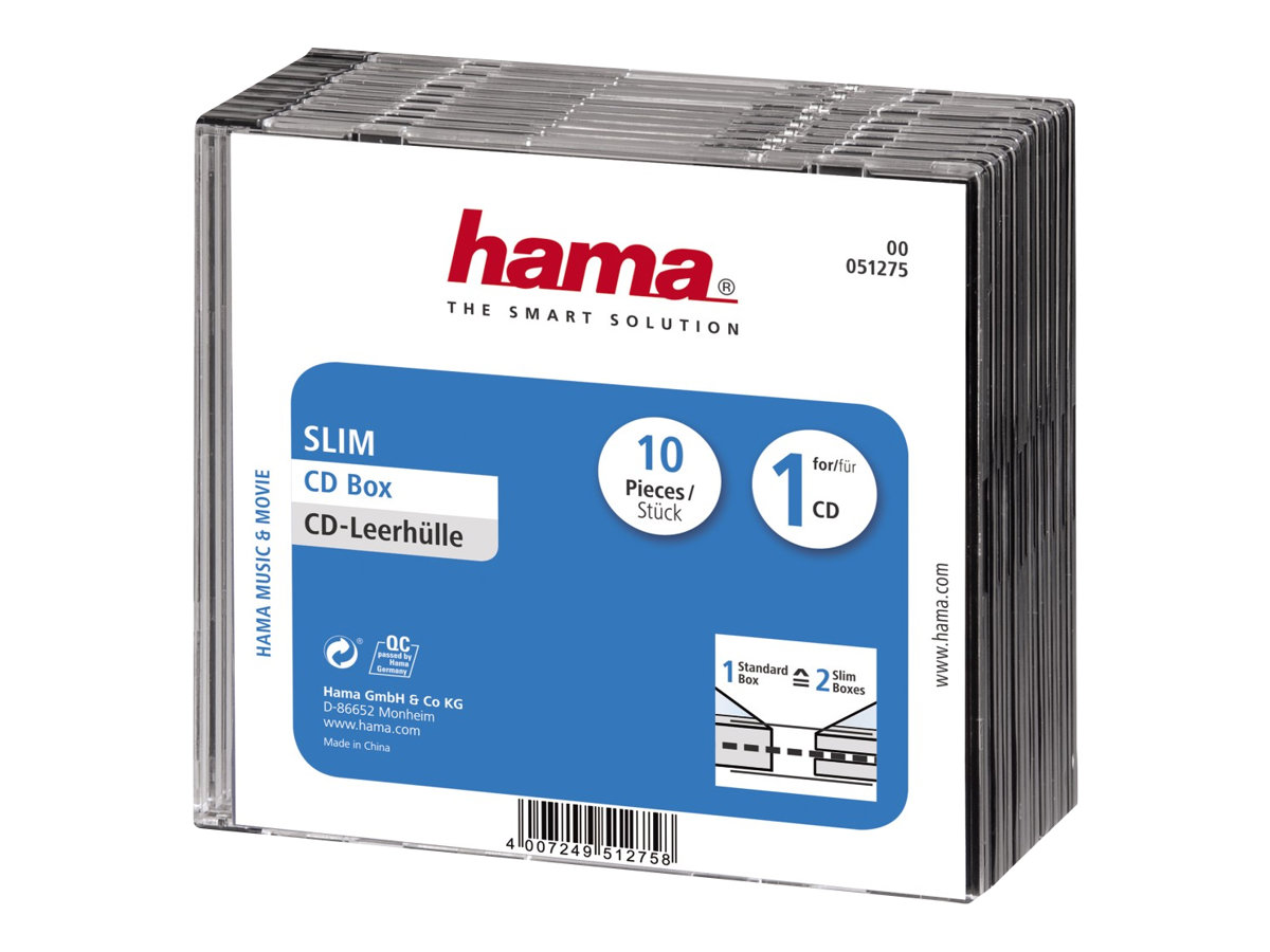 Hama Slim Jewel Case f�r Speicher-CD - Kapazit�t: 1 CD - durchsichtig schwarz (Packung mit 10)