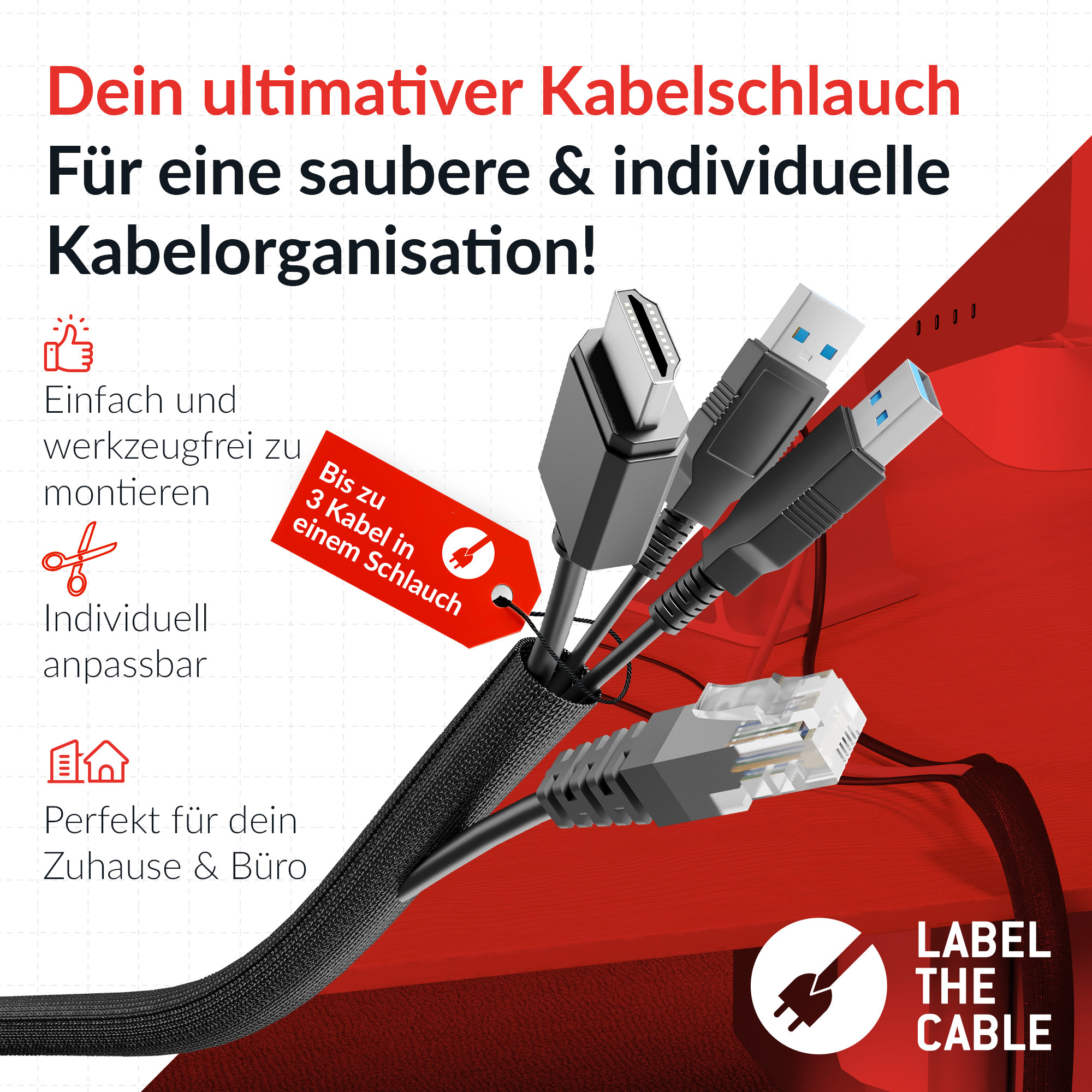 Label-the-cable LTC Kabelschlauch Pro Cable Tube zum Bndeln&Ordnen schw