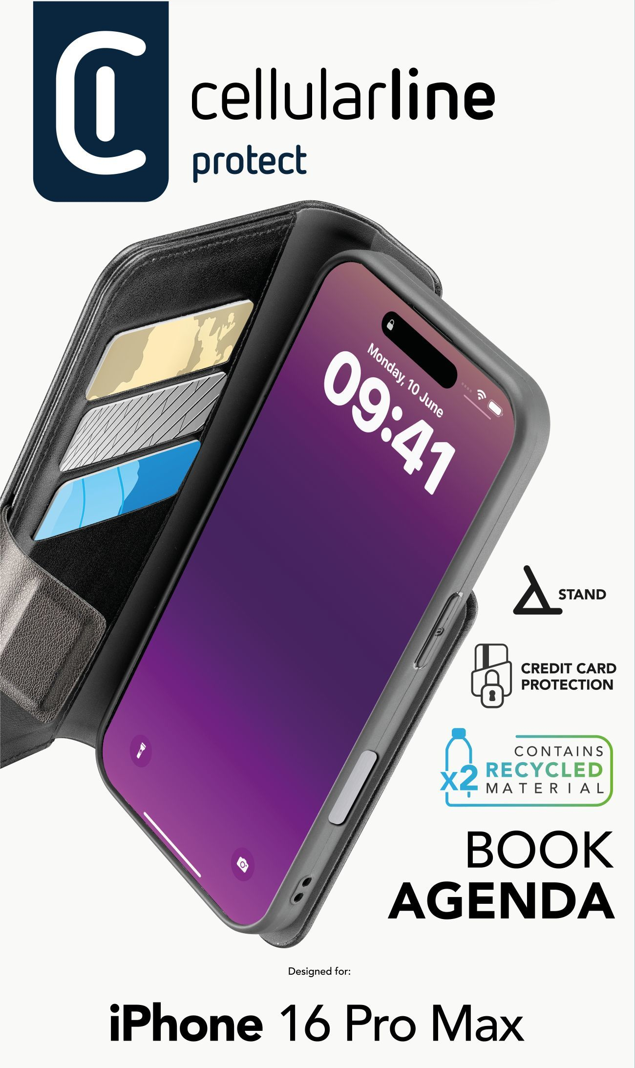 Cellularline Book Agenda 2 Case iPhone 16 Pro Max Black