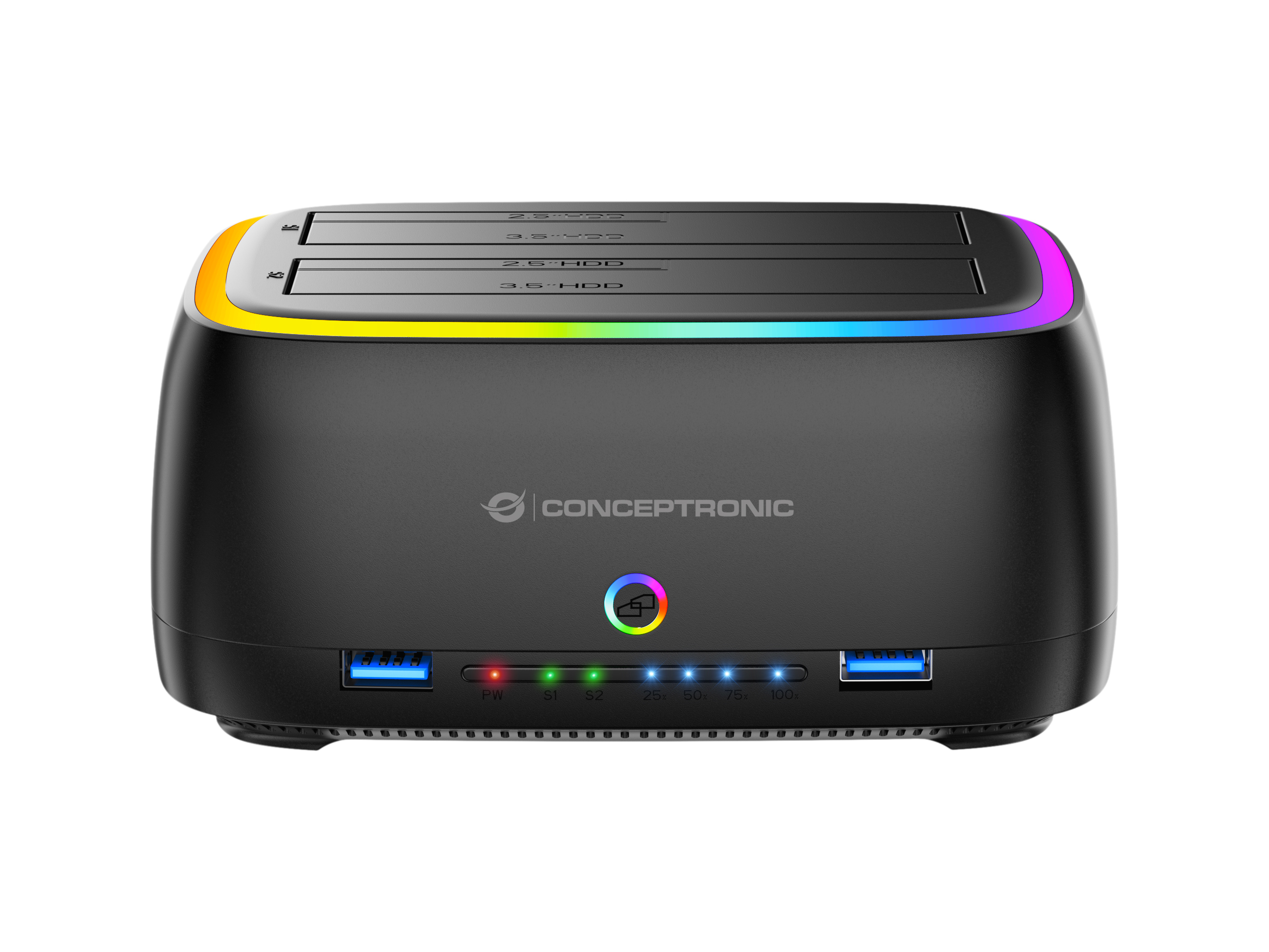 Conceptronic DONN36B Dual-bay RGB Hard Drive Docking Station, for 2.5/3.5-Inch HDD SSD, 2 x USB A, SD/TF Card Reader, UASP