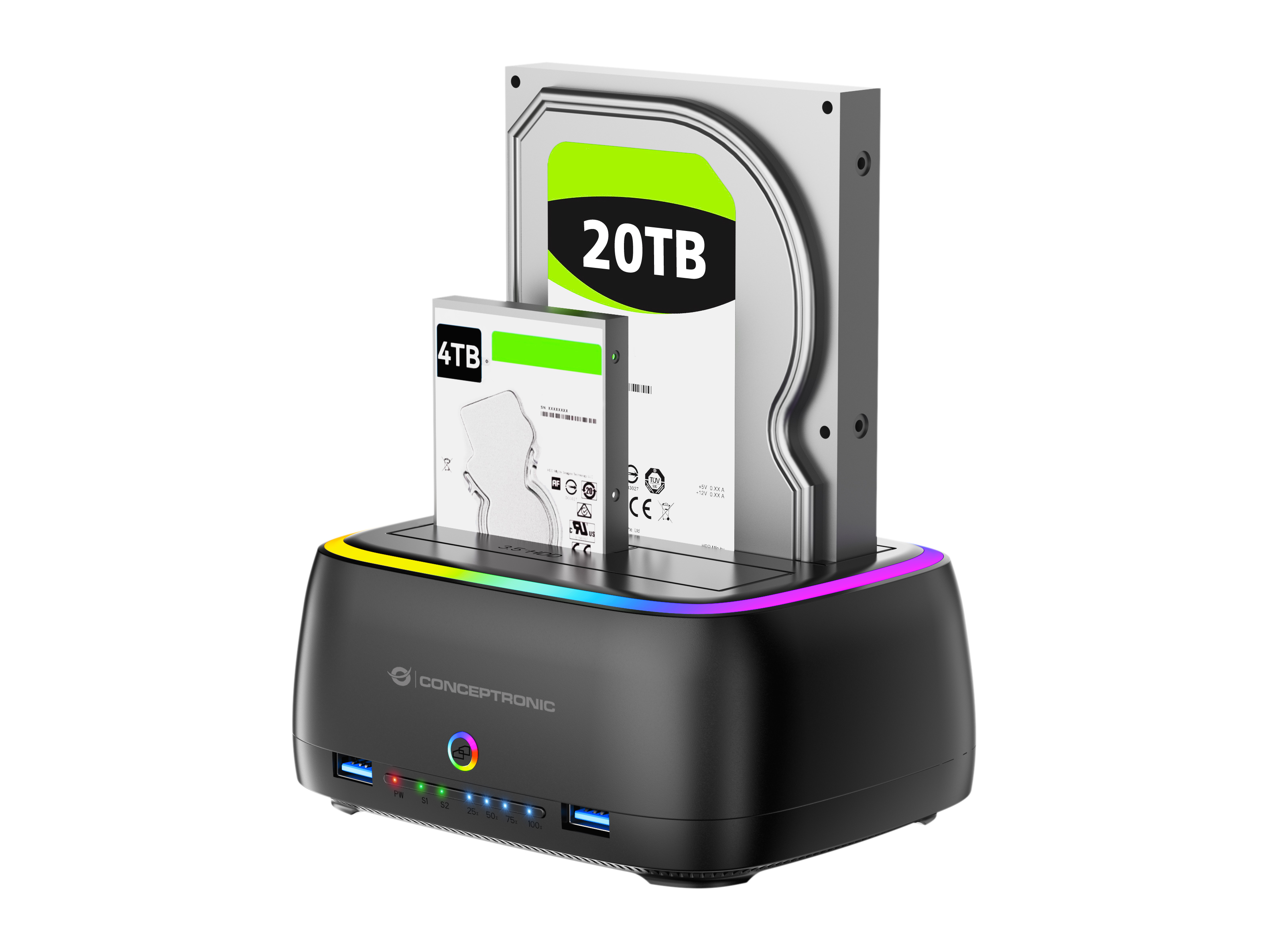Conceptronic DONN36B Dual-bay RGB Hard Drive Docking Station, for 2.5/3.5-Inch HDD SSD, 2 x USB A, SD/TF Card Reader, UASP