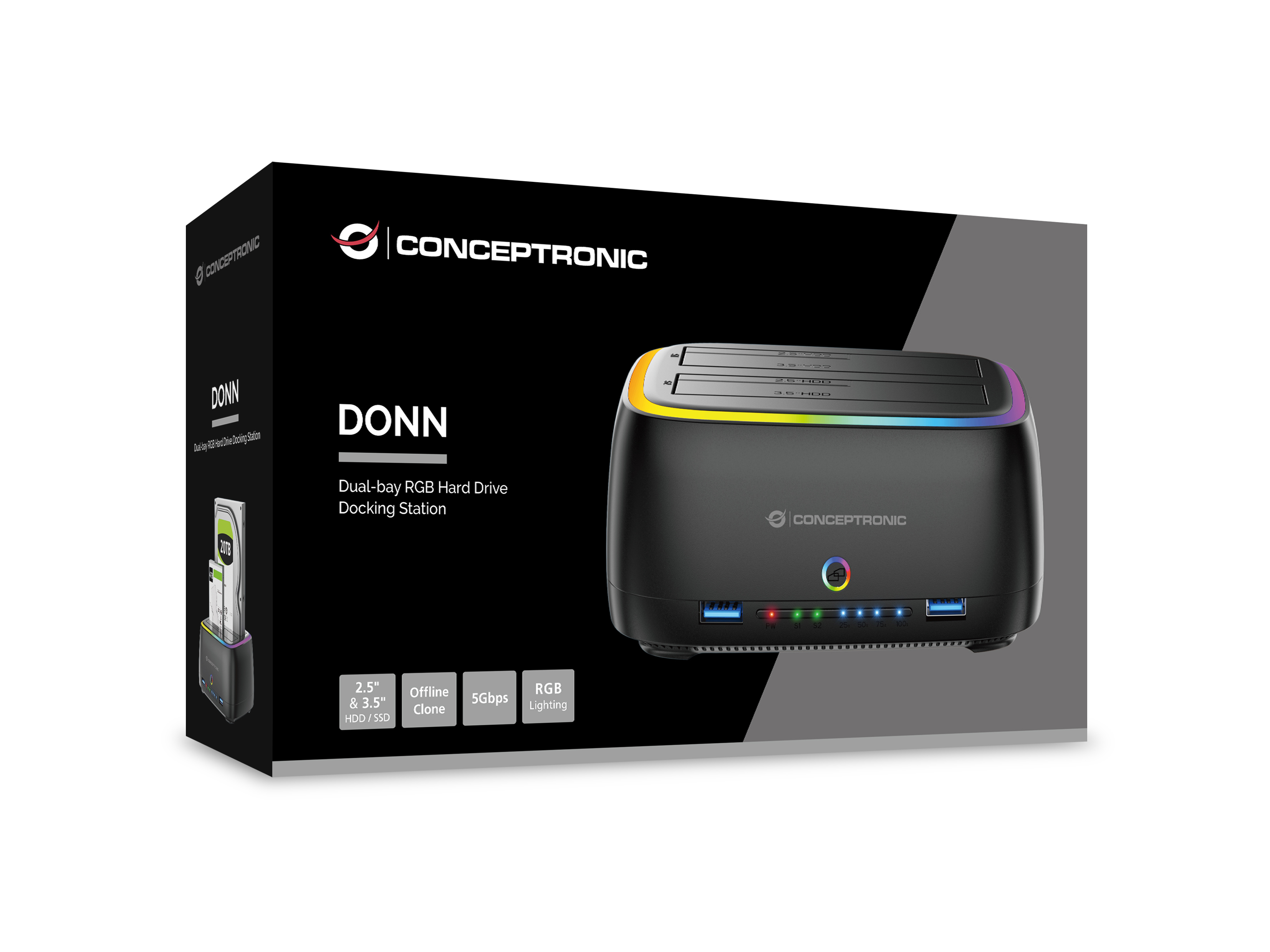 Conceptronic DONN36B Dual-bay RGB Hard Drive Docking Station, for 2.5/3.5-Inch HDD SSD, 2 x USB A, SD/TF Card Reader, UASP