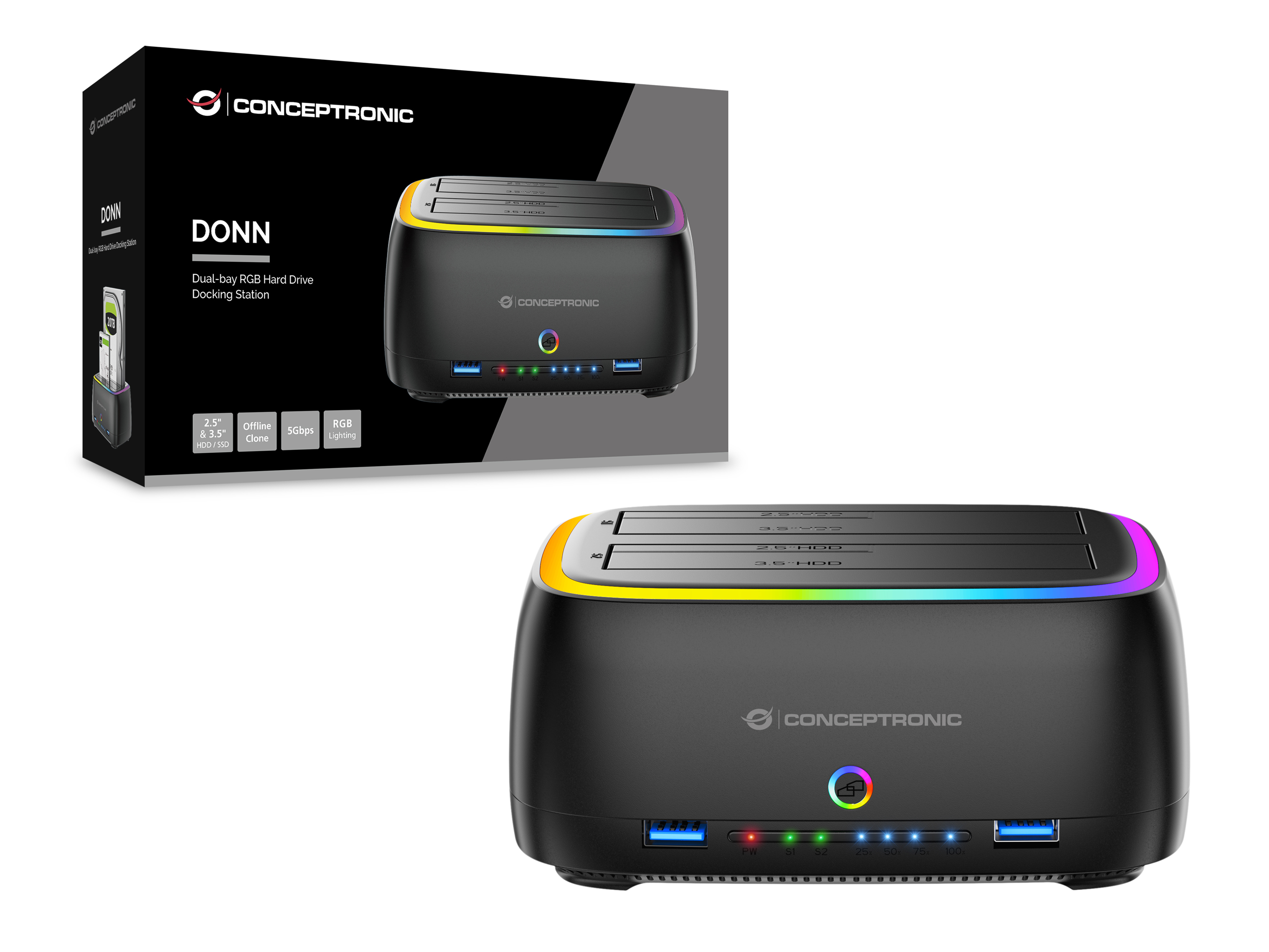 Conceptronic DONN36B Dual-bay RGB Hard Drive Docking Station, for 2.5/3.5-Inch HDD SSD, 2 x USB A, SD/TF Card Reader, UASP