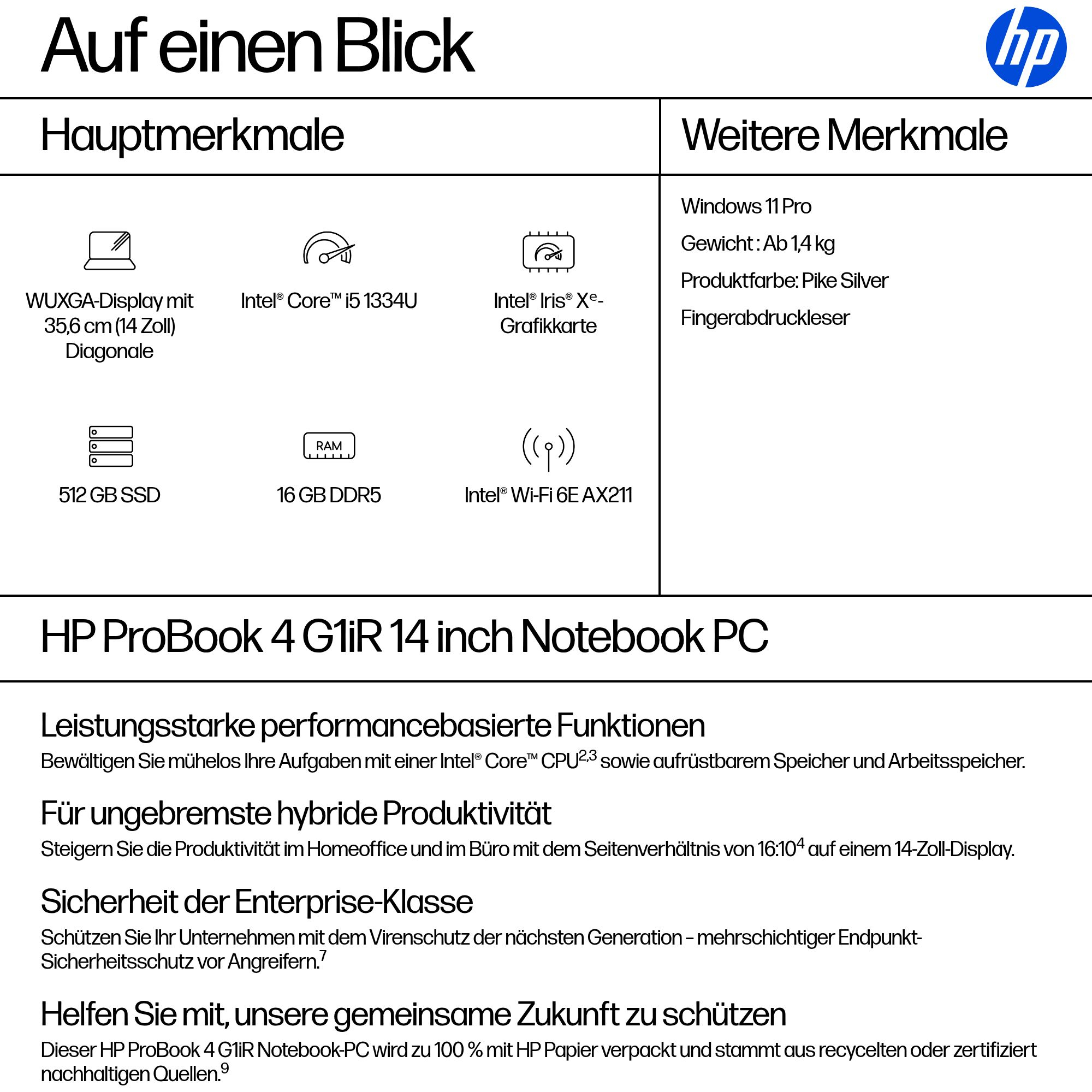 HP ProBook 4 G1iR Notebook - Intel Core i5 i5-1334U - Win 11 Pro - Intel Iris Xe Grafik - 16 GB RAM - 512 GB SSD NVMe - 35.6 cm (14)