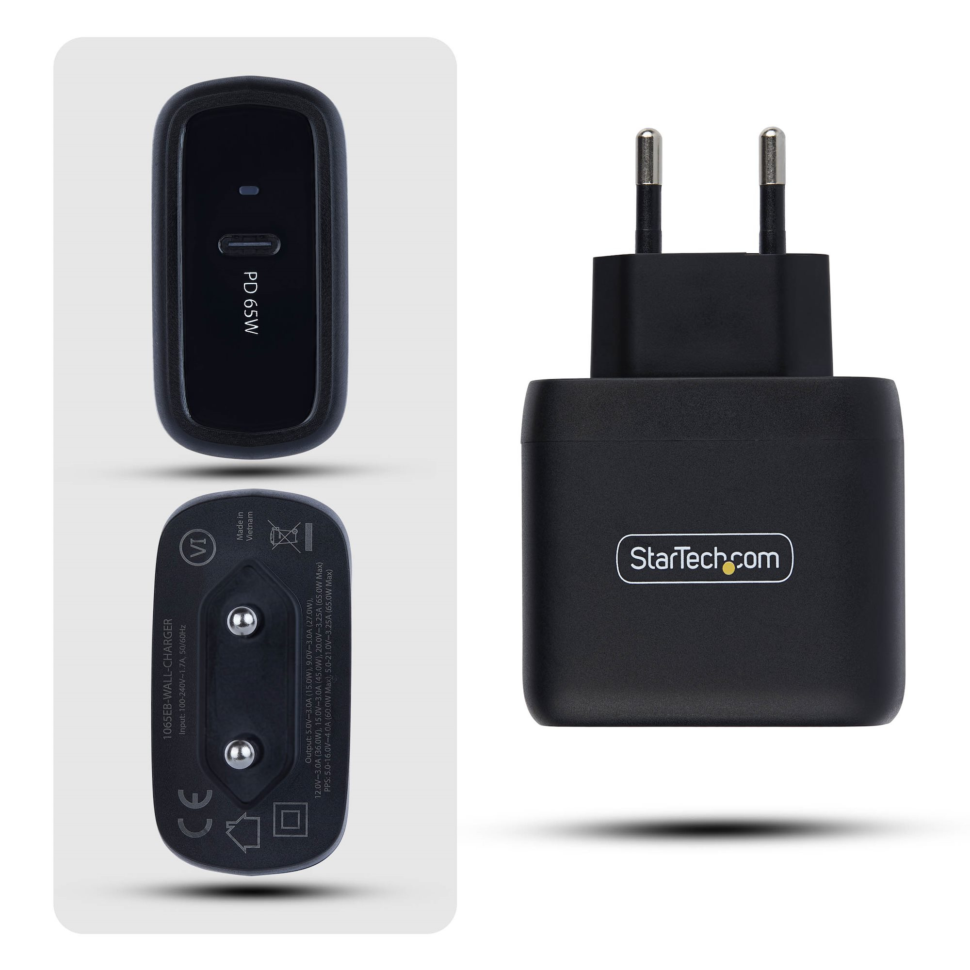 StarTech.com Chargeur PC Portable USB-C 65W, Chargeur Mural GaN Compact Pour Dell, XPS, HP ProBook, MacBook Pro, Surface Pro, Noir