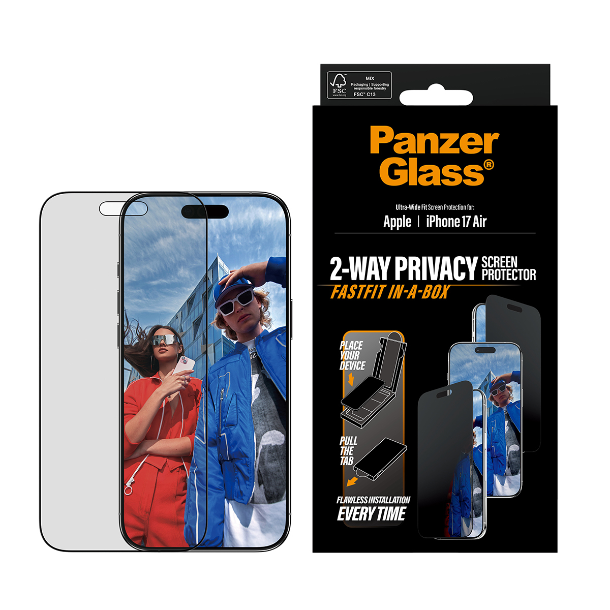 PanzerGlass Privacy Screen Protector w. black Frame iPhone 17 Air Ultra-Wide Fit