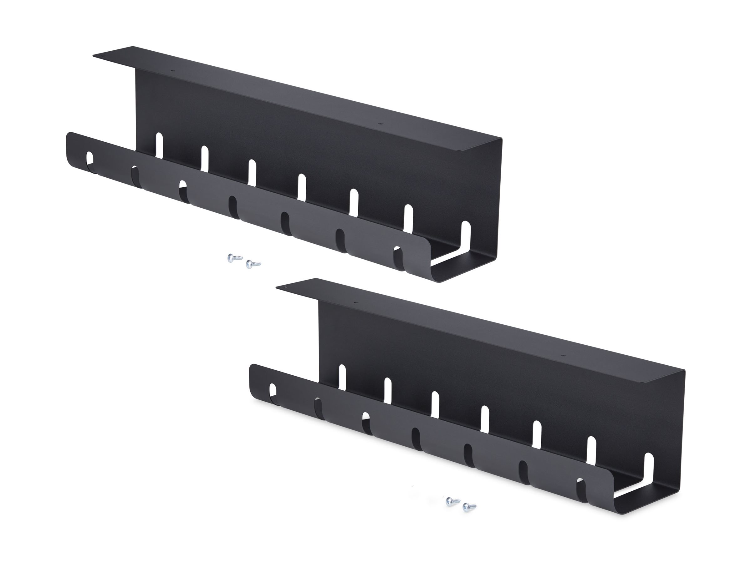 StarTech.com 2-Pack Under Desk Cable Management Tray, 42 Long (21 Per Tray), Metal Slotted Style Cable Organizer, Screw-On Install, Power Bar Holder, Black, TAA