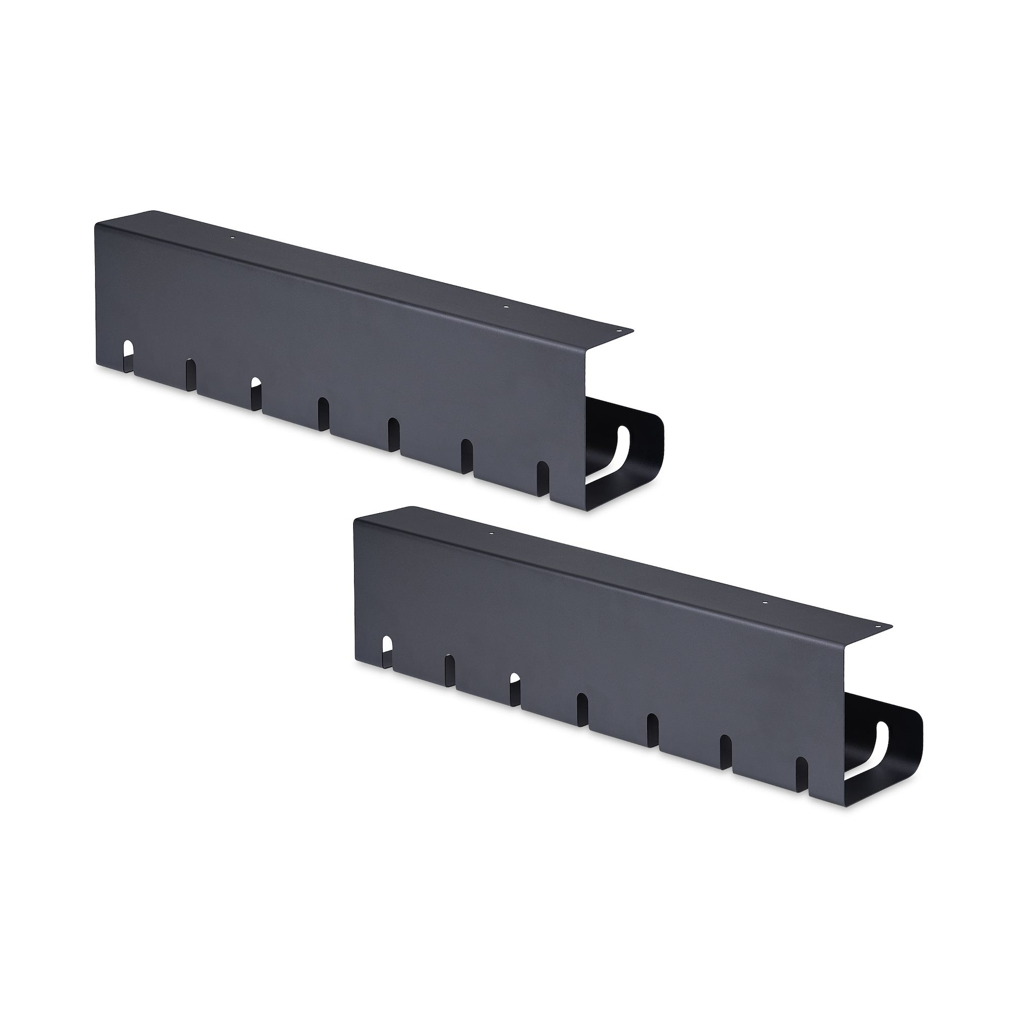 StarTech.com 2-Pack Under Desk Cable Management Tray, 42 Long (21 Per Tray), Metal Slotted Style Cable Organizer, Screw-On Install, Power Bar Holder, Black, TAA