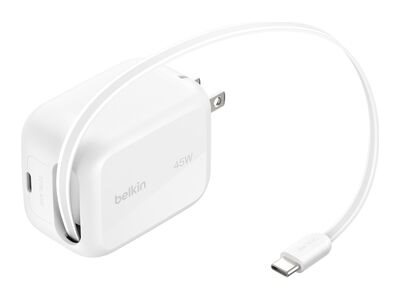 Belkin UltraCharge - Netzteil - retractable GAN - 45 watt - Fast Charge - 2 Ausgabeanschlussstellen (USB-C)