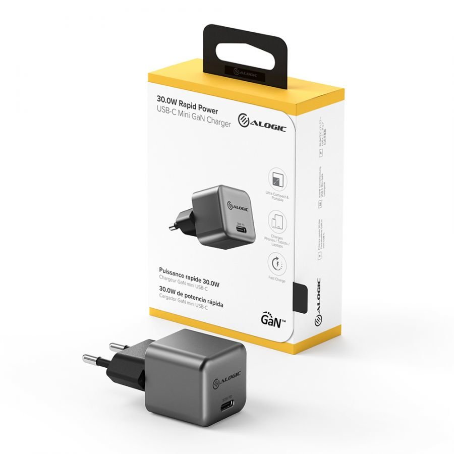 ALOGIC WCG1X30SGR-EU cargador de dispositivo m�vil Tel�fono m�vil, Port�til, Smartphone, Tableta Negro, Gris Corriente alterna Carga r�pida Interior