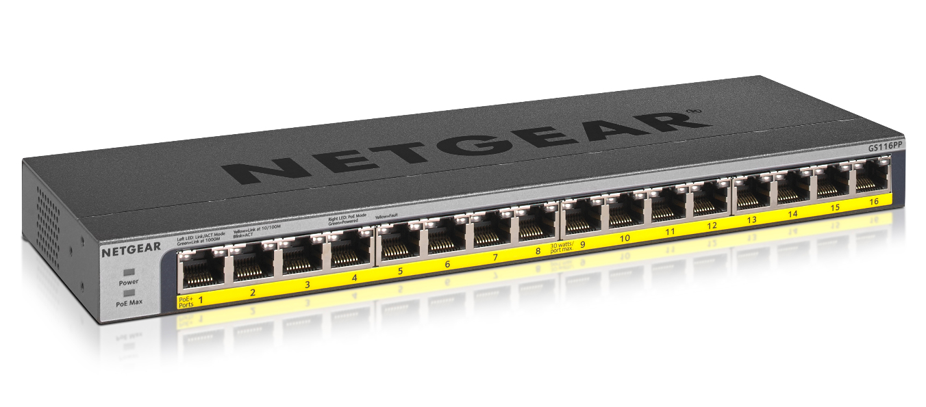 NETGEAR GS116PP Non-g�r� Gigabit Ethernet (10/100/1000) Connexion Ethernet, supportant lalimentation via ce port (PoE) Noir