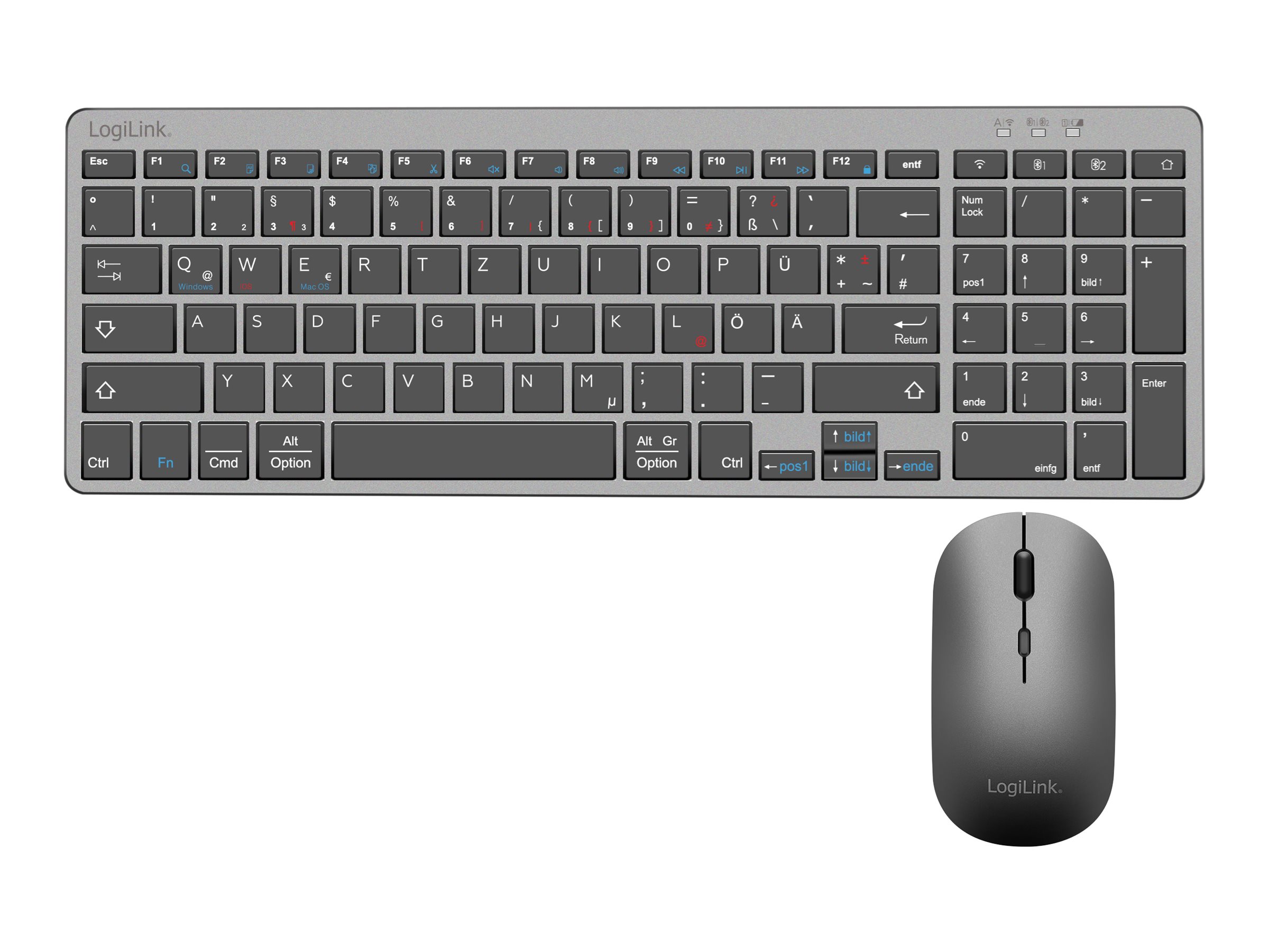 LogiLink ID0215 clavier Souris incluse maison/bureau Bluetooth QWERTZ Allemand Anthracite, Gris