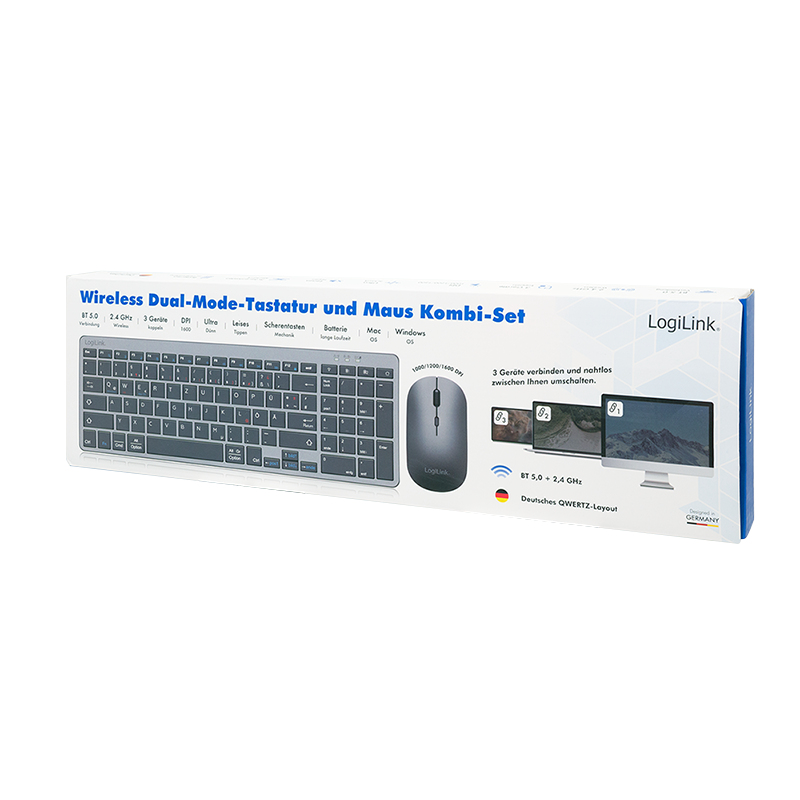 LogiLink ID0215 clavier Souris incluse maison/bureau Bluetooth QWERTZ Allemand Anthracite, Gris