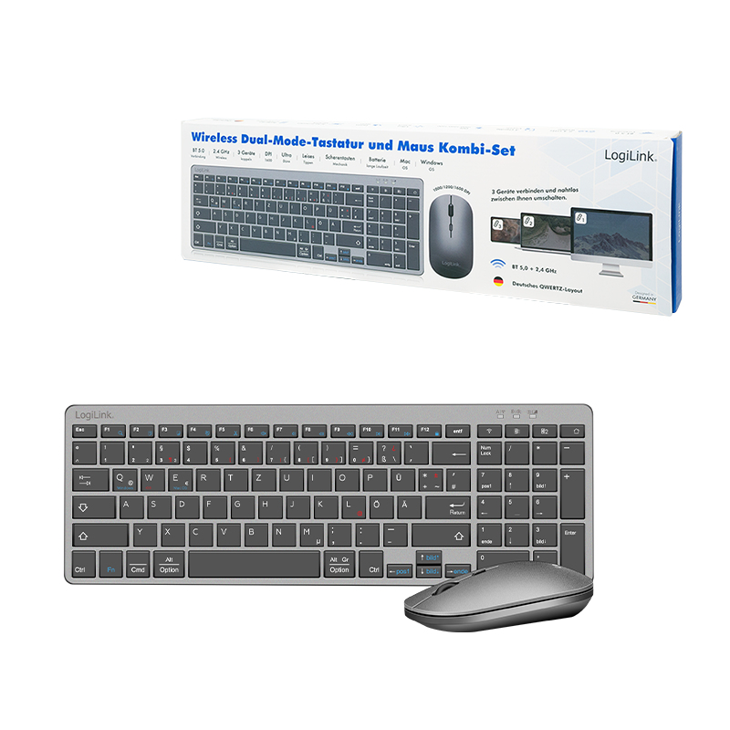 LogiLink ID0215 clavier Souris incluse maison/bureau Bluetooth QWERTZ Allemand Anthracite, Gris
