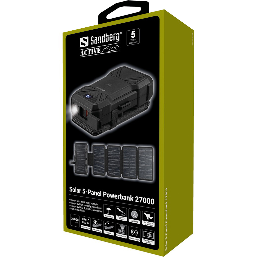 SANDBERG Solar PowerBank - Kabelloses Ladepad / Solar-Powerbank - 5-Panel - 27000 mAh - 99.9 Wh - 22.5 Watt - 1.67 A - PD/PPS 3.3 - 2 Ausgabeanschlussstellen (USB, 24 pin USB-C)