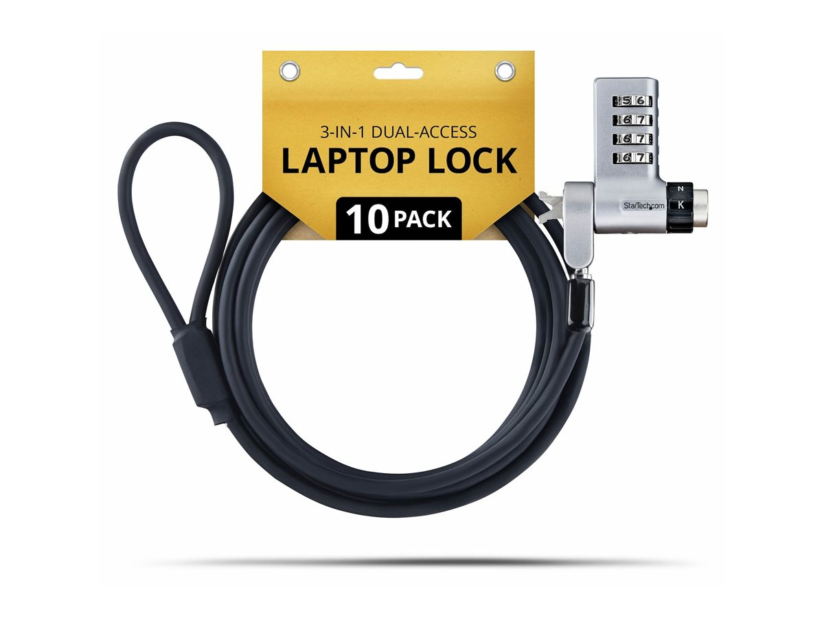 StarTech.com 10-Pack 3-in-1 Dual-Access Laptop Lock, 6.6ft (2m) Keyed Alike/Combination Security Cable Lock for Noble Wedge�/Nano/K-Slot; Anti-Theft, TAA