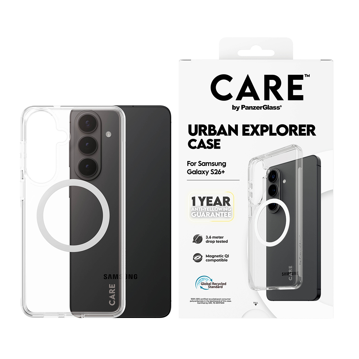 PanzerGlass CARE by � Urban Explorer Case Transparent w. White Qi Samsung Galaxy S26+ funda para tel�fono m�vil Transparente