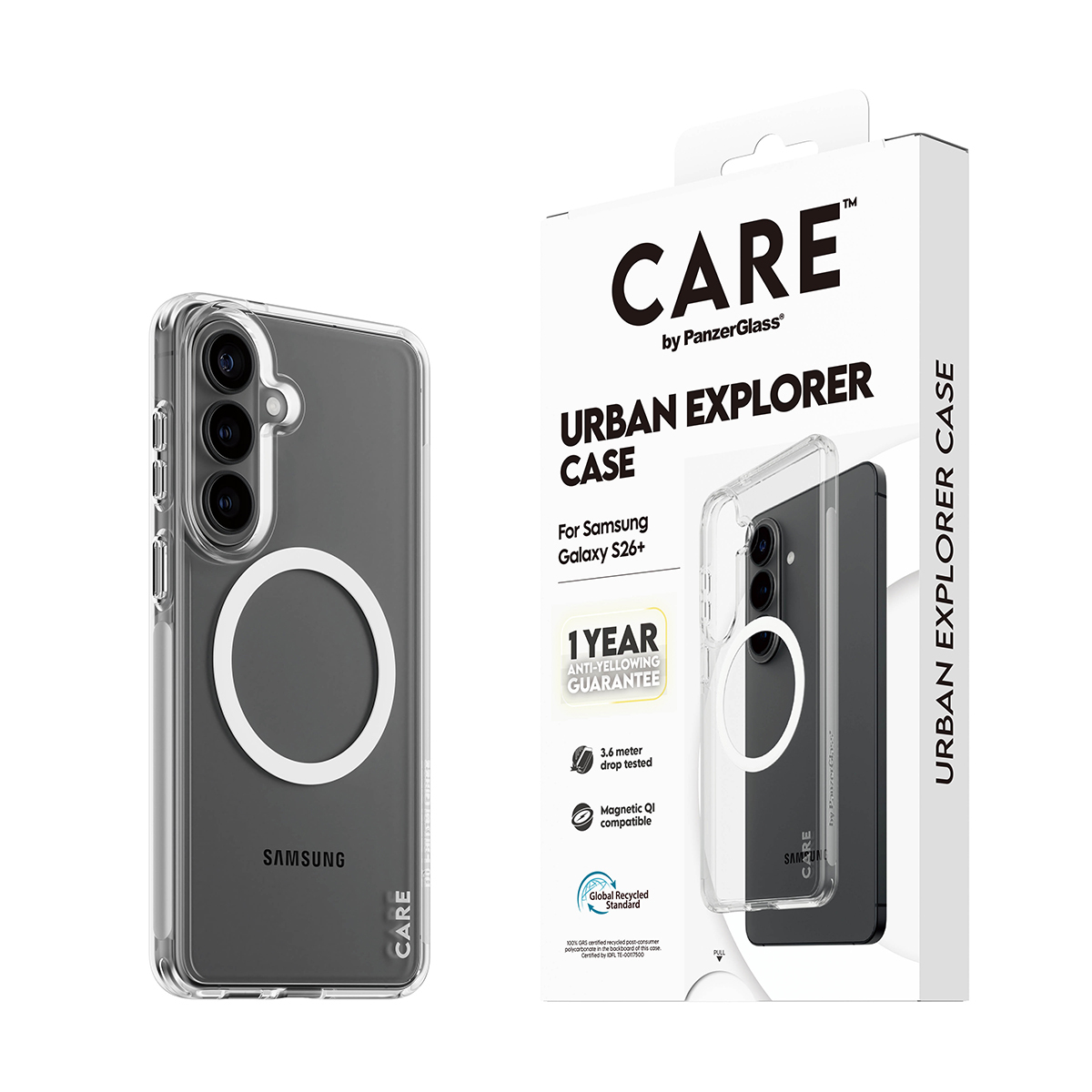 PanzerGlass CARE by � Urban Explorer Case Transparent w. White Qi Samsung Galaxy S26+ funda para tel�fono m�vil Transparente