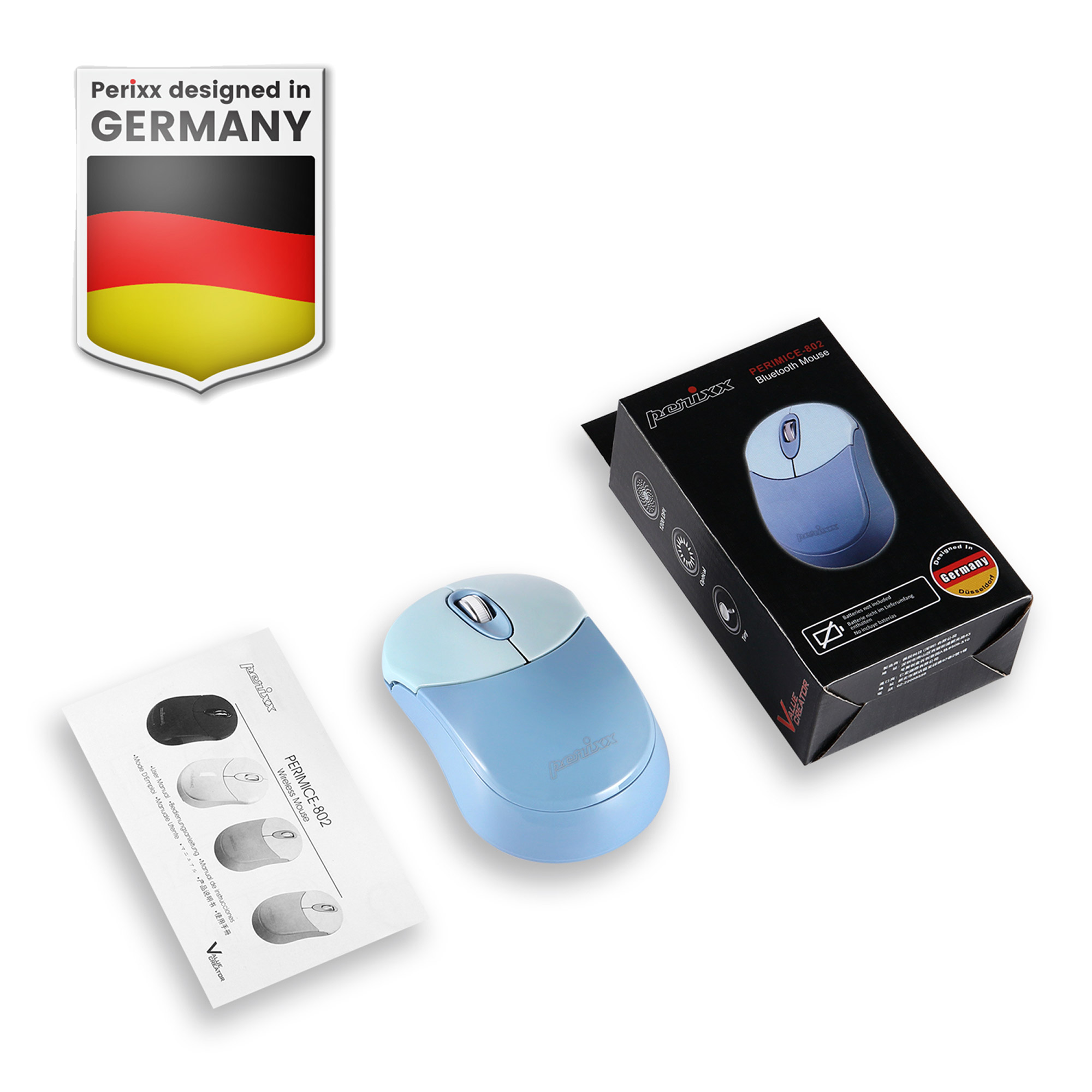 Perixx PERIMICE-802BL Bluetooth-Maus f�r PC und Tablet schnurlos blau - Maus - Maus - 1.000 dpi