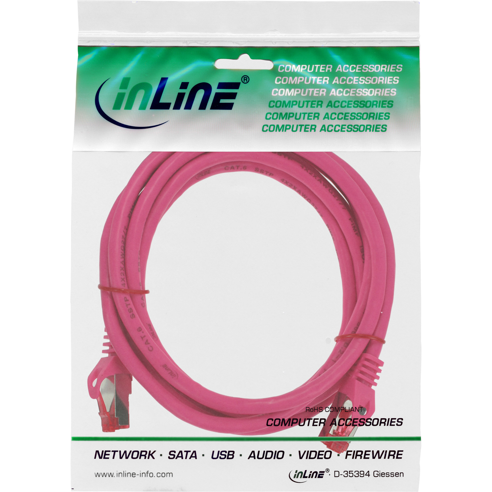 InLine Cavo patch Lan, S/FTP (PiMf), Cat.6, 250 MHz, PVC, CU, rosa, 1m