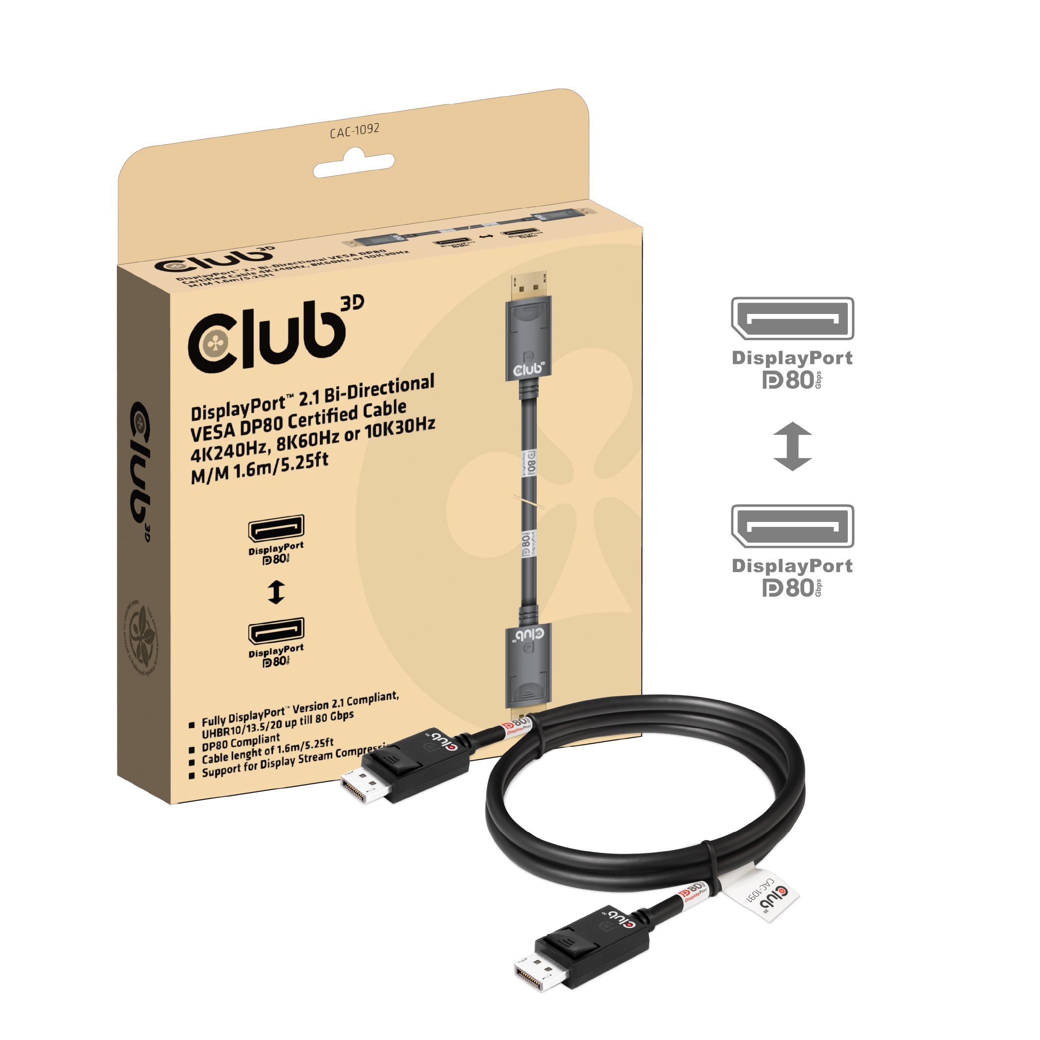CLUB3D DisplayPort 2.1 Bi-Directional VESA DP80 Certified Cable 4K120Hz, 8K60Hz or 10K60Hz M/M 1.6m/5.25ft