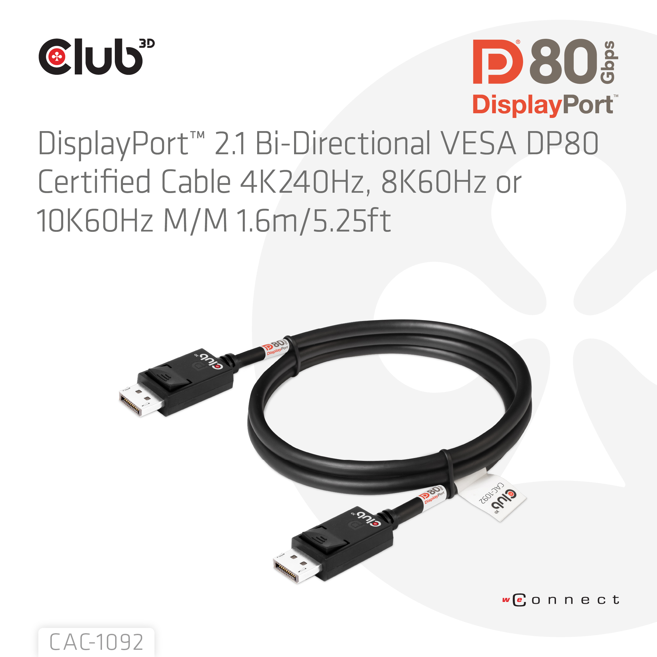CLUB3D DisplayPort 2.1 Bi-Directional VESA DP80 Certified Cable 4K120Hz, 8K60Hz or 10K60Hz M/M 1.6m/5.25ft