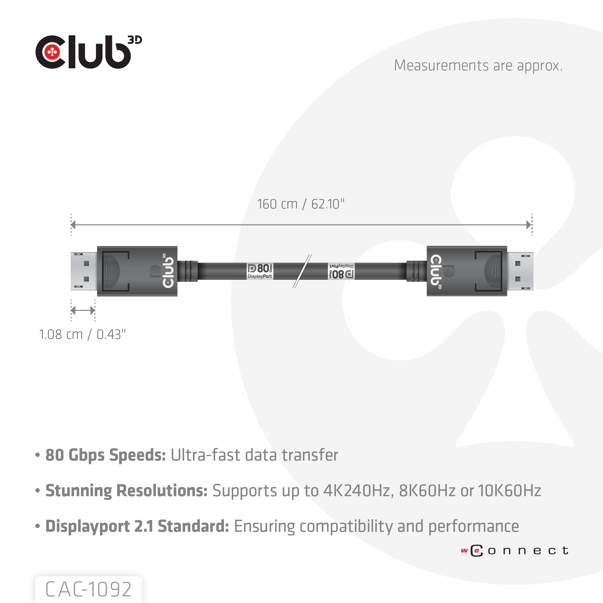 CLUB3D DisplayPort 2.1 Bi-Directional VESA DP80 Certified Cable 4K120Hz, 8K60Hz or 10K60Hz M/M 1.6m/5.25ft
