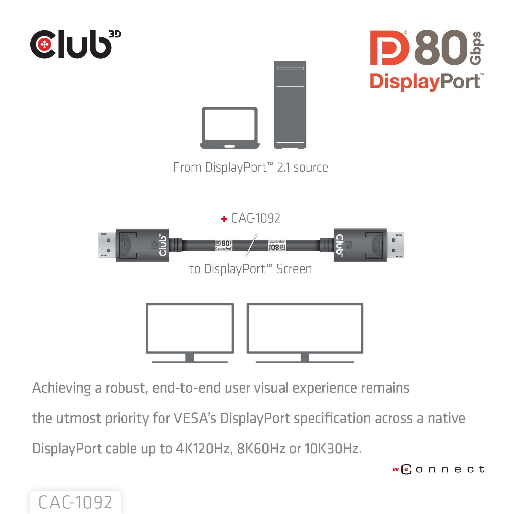 CLUB3D DisplayPort 2.1 Bi-Directional VESA DP80 Certified Cable 4K120Hz, 8K60Hz or 10K60Hz M/M 1.6m/5.25ft