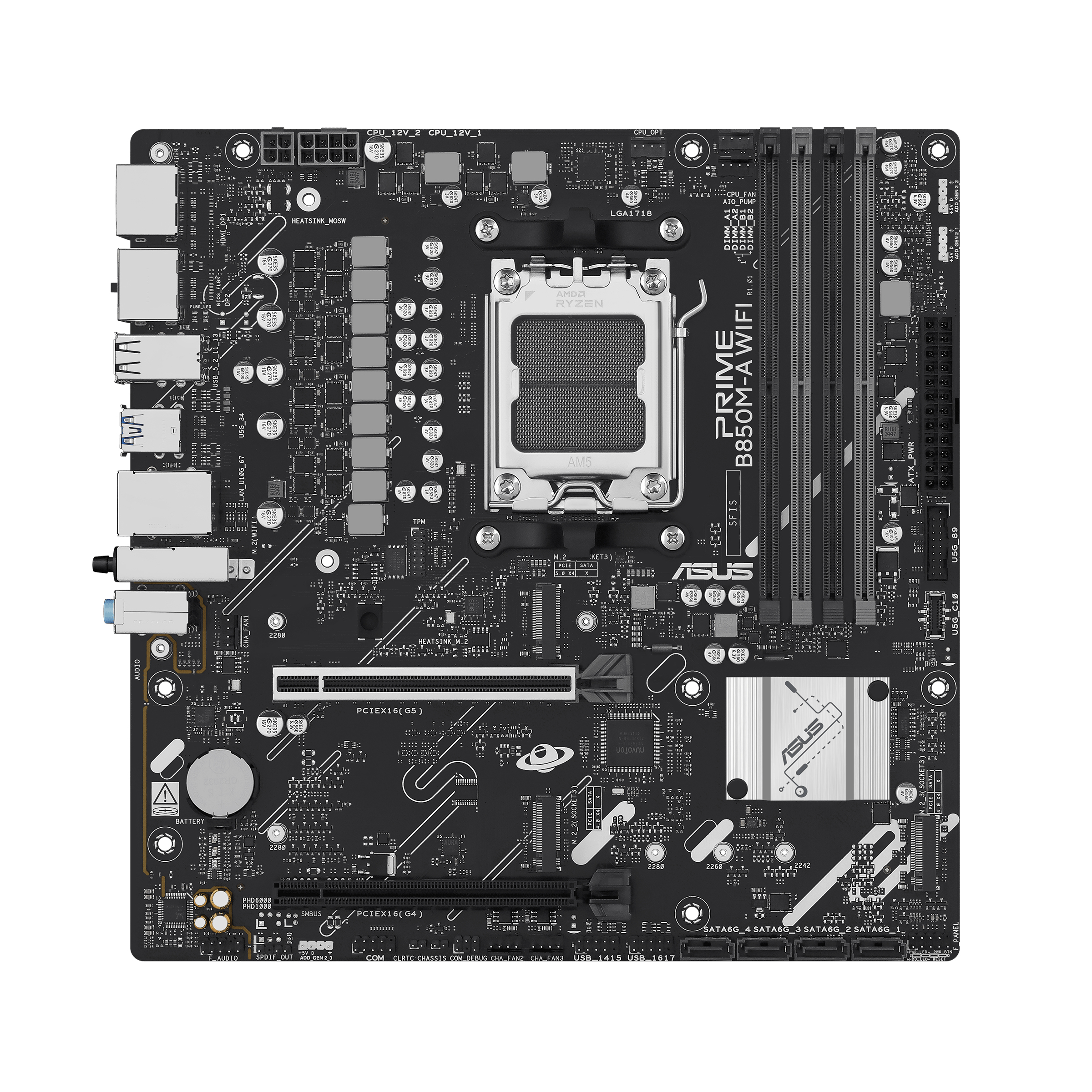 ASUS PRIME B850M-A WIFI - Motherboard - micro ATX - Socket AM5 - AMD B850 Chipsatz - USB 3.2 Gen 2, USB 3.2 Gen 1, USB-C 3.2 Gen 1 - Wi-Fi 6E, Bluetooth, 2.5 Gigabit LAN - Onboard-Grafik (CPU erforderlich)