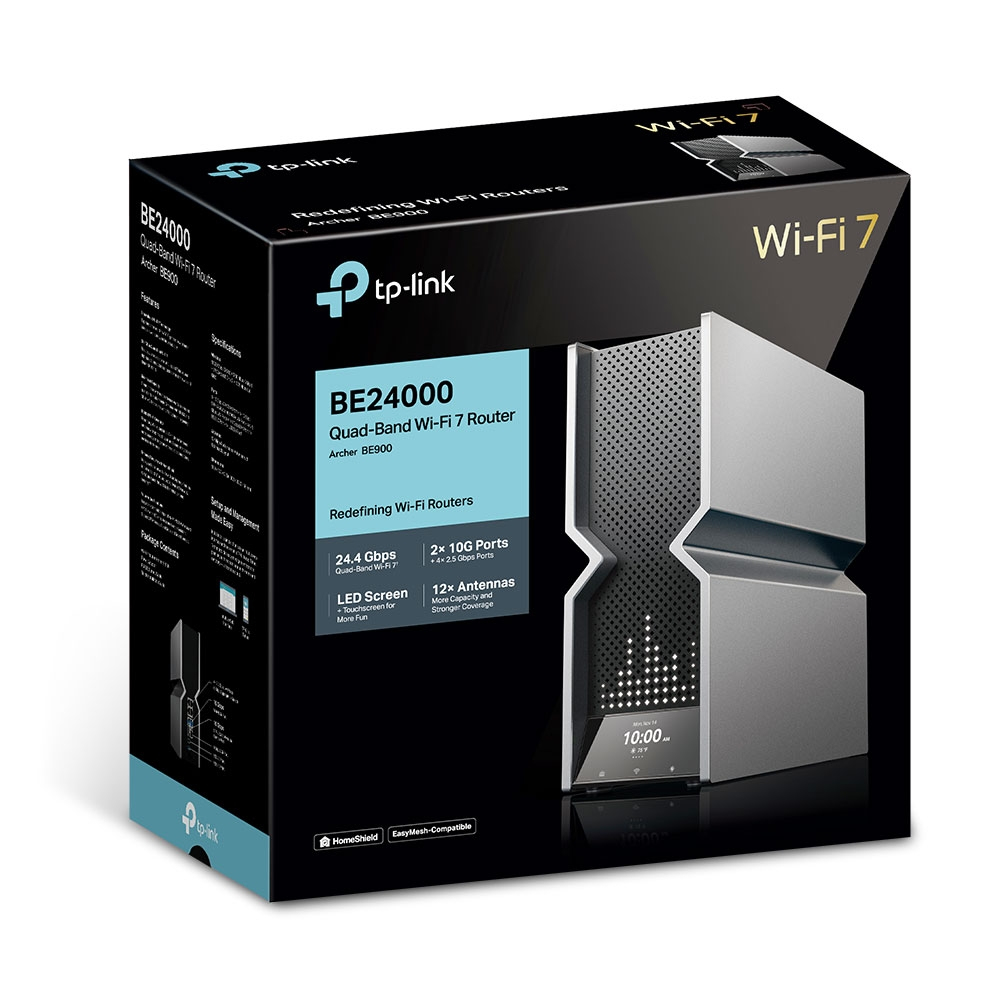 TP-LINK Archer BE900 - Wi-Fi 7 (802.11be) - Quad-band (2.4 GHz / 5 GHz-1 / 5 GHz-2 / 6 GHz) - Ethernet/LAN - Schwarz - Grau - Tabletop-Router