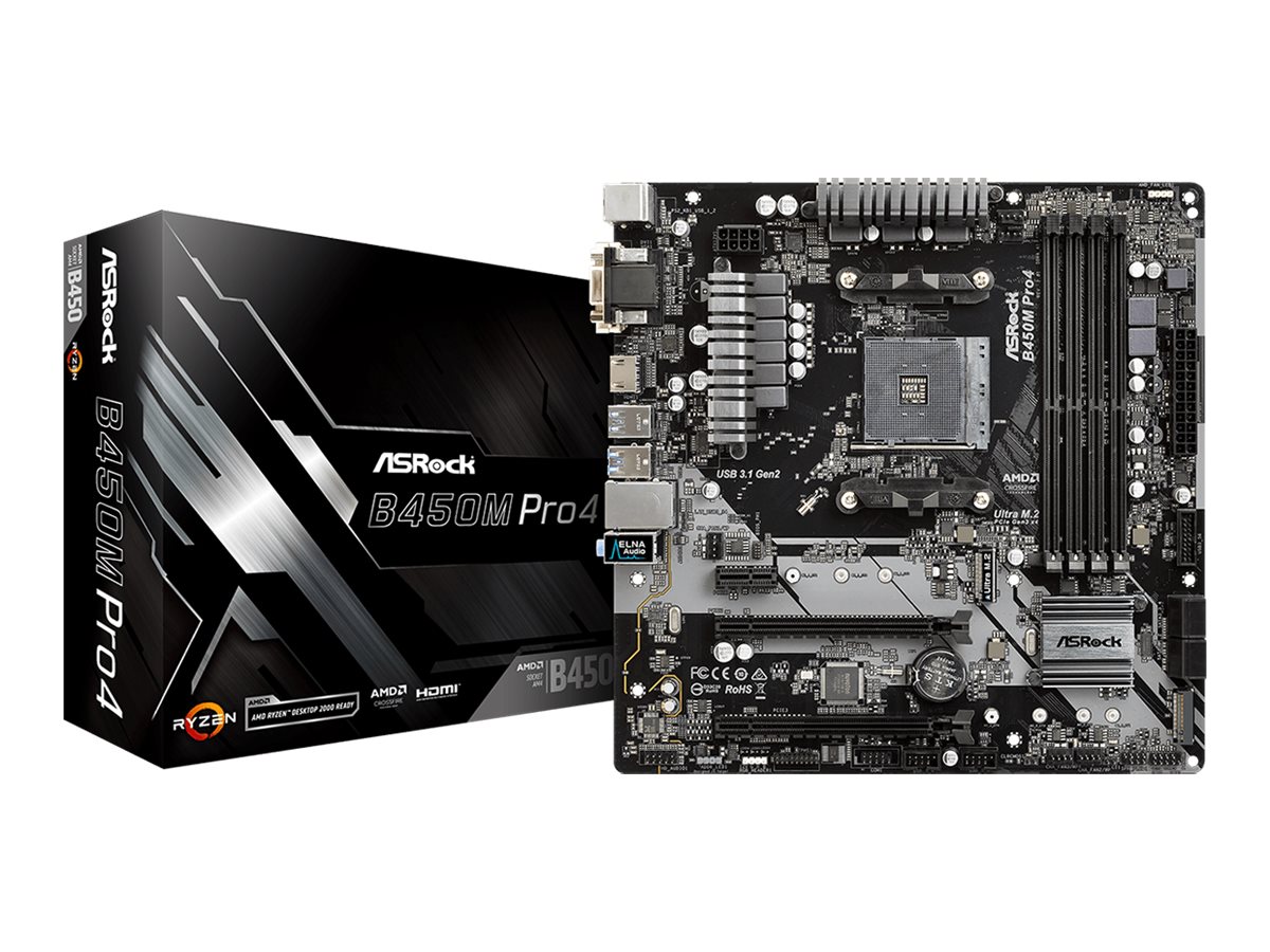ASRock B450M PRO4 - Motherboard - micro ATX - Socket AM4 - AMD B450 Chipsatz - USB 3.1 Gen 1, USB-C Gen2, USB 3.1 Gen 2 - Gigabit LAN - Onboard-Grafik (CPU erforderlich)