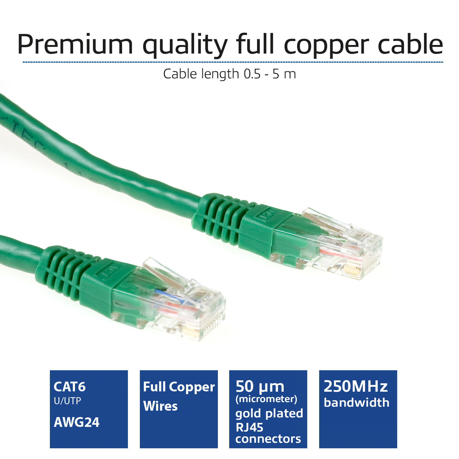 ACT Green 0.5 meter U/UTP CAT6 patch cable with RJ45 connectors