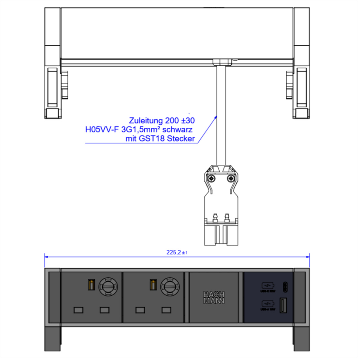 Bachmann DESK2 2xUK 1xUSB A/C 22W 0.2m INOX