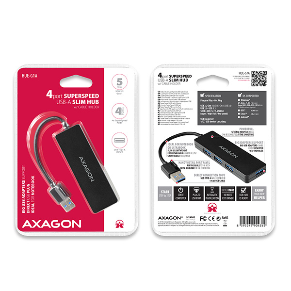 Axagon HUE-G1A hub & concentrateur USB 3.2 Gen 1 (3.1 Gen 1) Type-A 5000 Mbit/s Noir