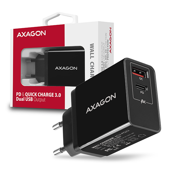 Axagon ACU-PQ22 cargador de dispositivo m�vil Tel�fono m�vil, Bater�a port�til, Smartphone, Reloj inteligente, Tableta, Universal Negro Corriente alterna Carga r�pida Interior