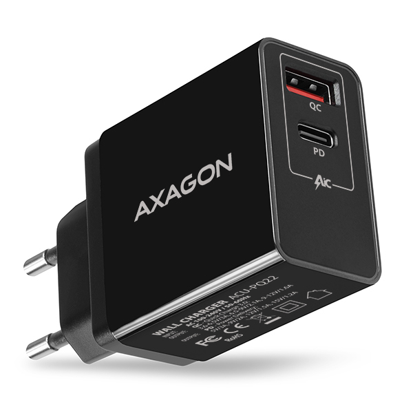 Axagon ACU-PQ22 cargador de dispositivo m�vil Tel�fono m�vil, Bater�a port�til, Smartphone, Reloj inteligente, Tableta, Universal Negro Corriente alterna Carga r�pida Interior